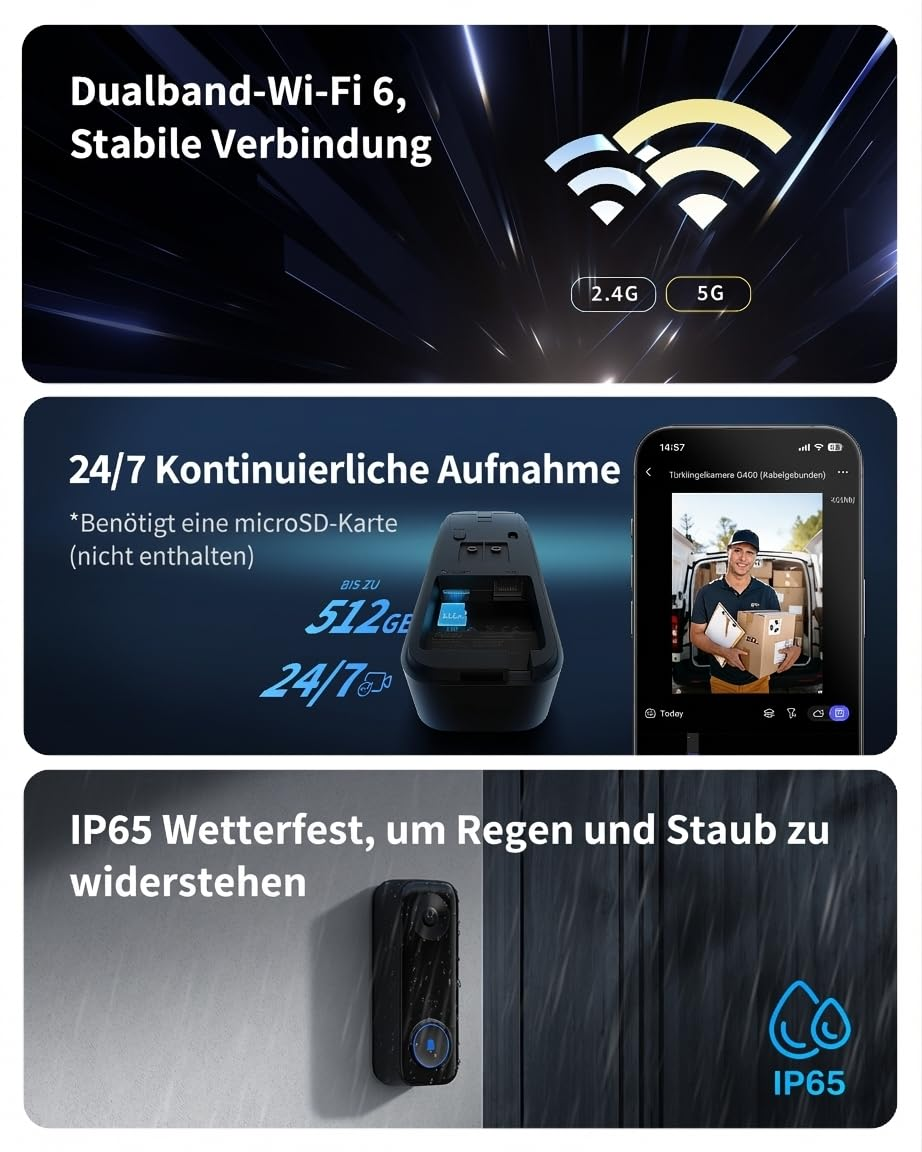 Werbebilder zeigen Dualband-Wi-Fi 6, 24/7-Aufnahme mit microSD und IP65-Wetterfestigkeit für eine Kamera.