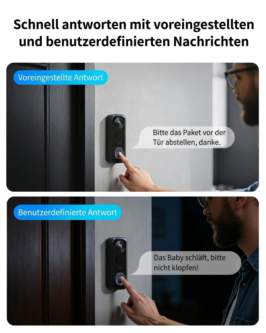 Mann drückt den Knopf einer intelligenten Türklingel mit voreingestellten Nachrichten.