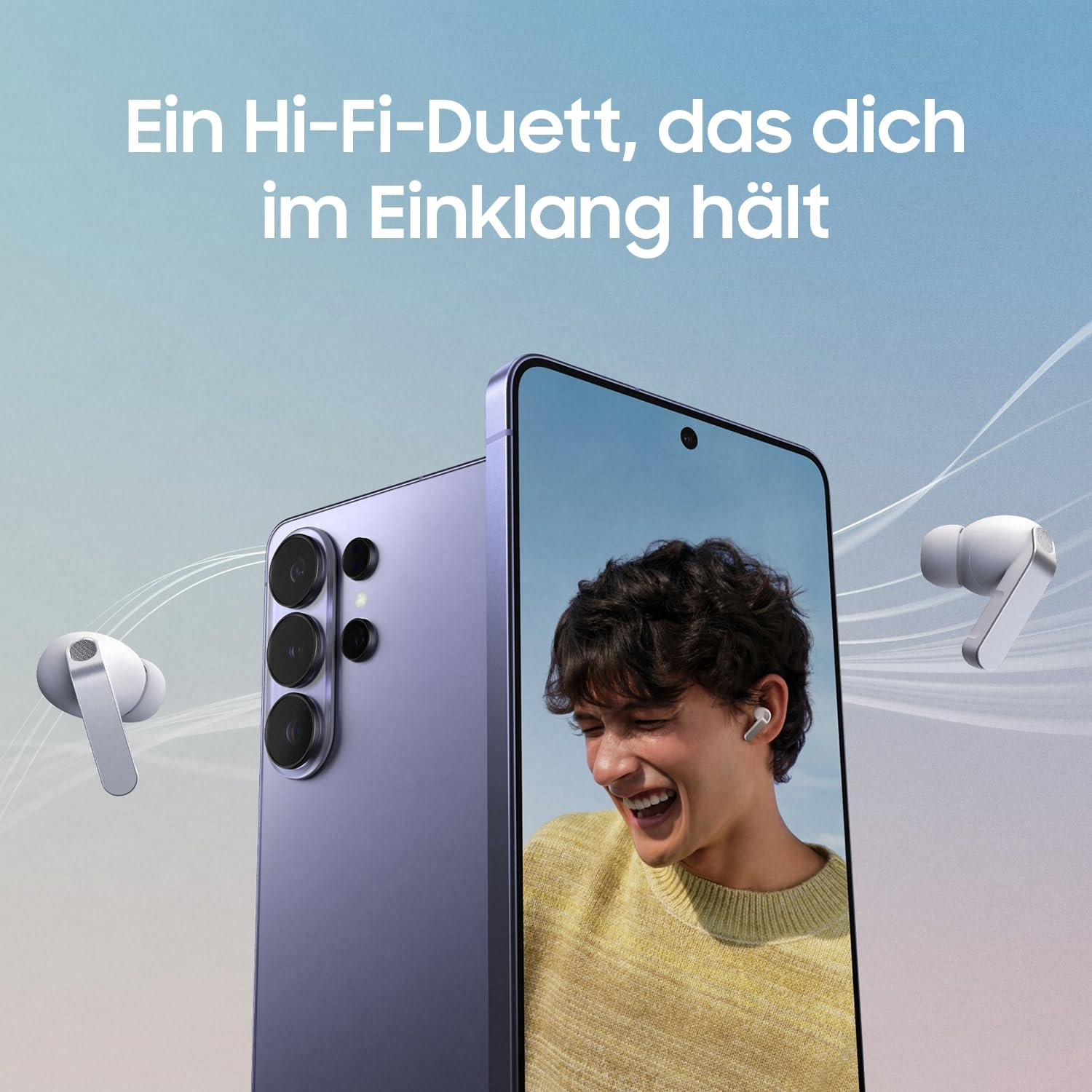 Uno smartphone e auricolari bianchi su sfondo blu con testo pubblicitario in tedesco.