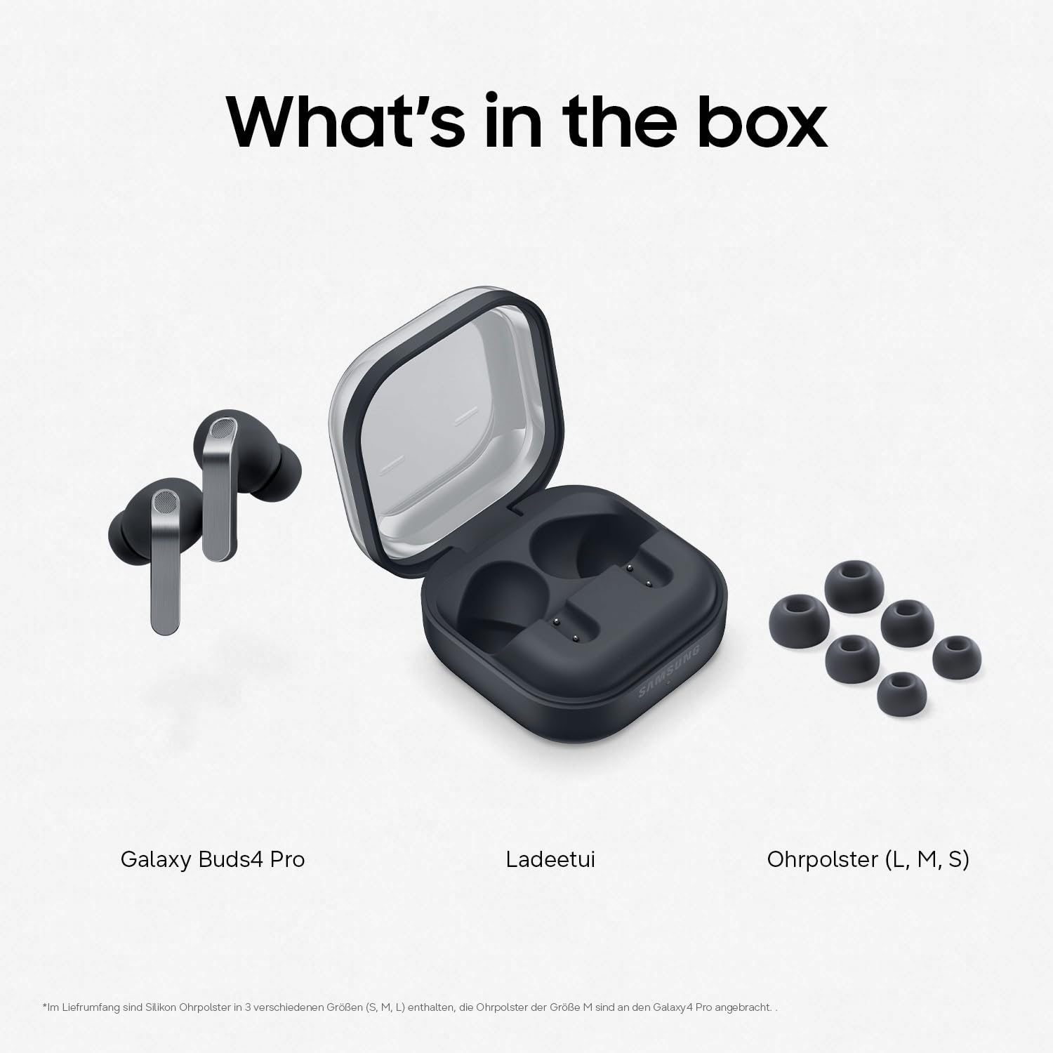 Contenuto della confezione: auricolari Galaxy Buds4 Pro, custodia di ricarica e cuscinetti in tre misure.