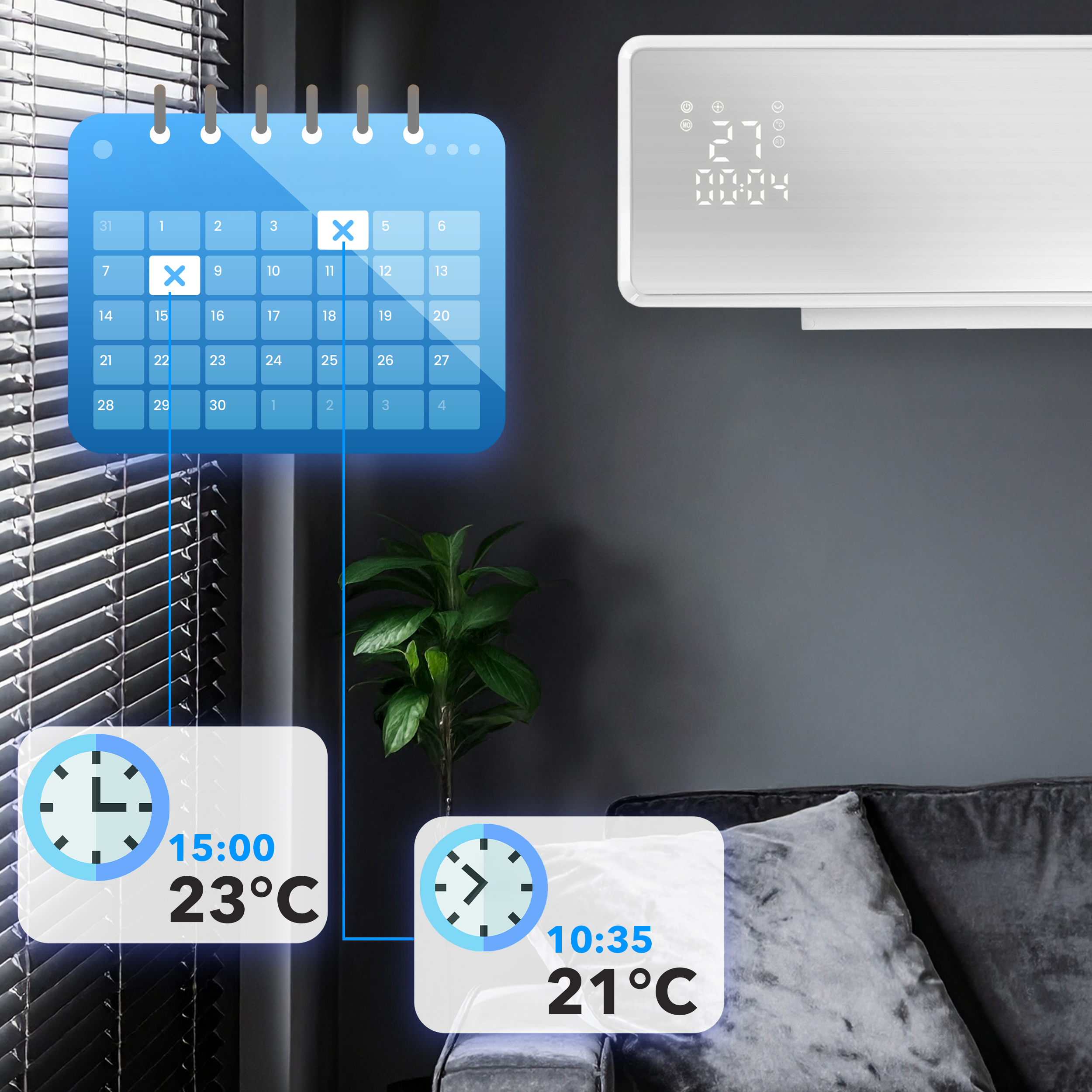 Klimatyzator na ciemnej ścianie z niebieskim kalendarzem, dwoma zegarami ze strefą czasową i temperaturą oraz kanapą.