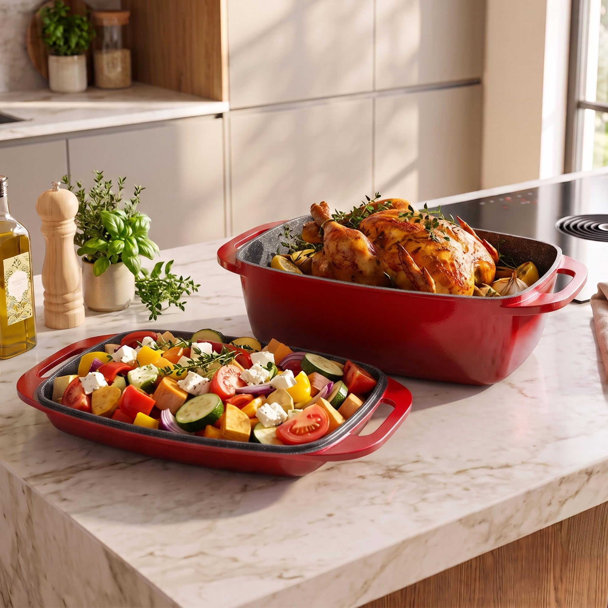 Poulet rôti dans un plat rouge et légumes avec de la feta sur un comptoir.