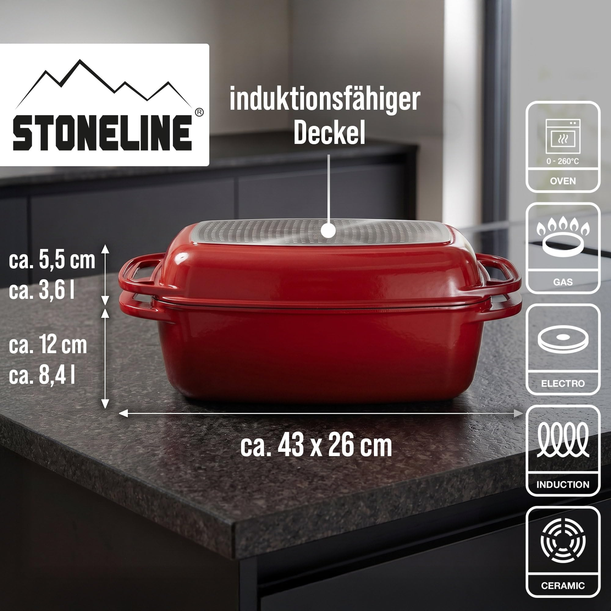 Rôtissoire rouge Stoneline avec couvercle et dimensions sur un plan de travail de cuisine sombre.