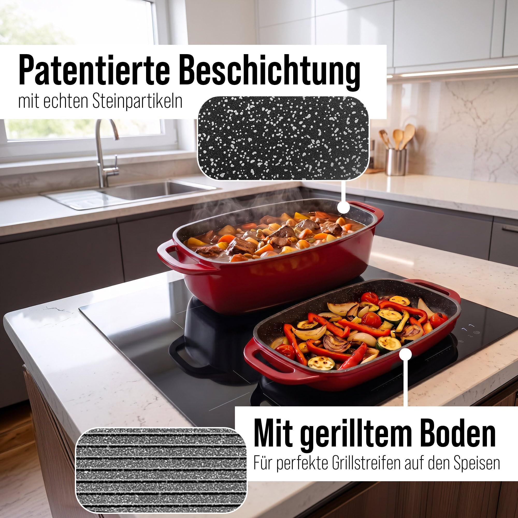 Deux casseroles rouges sur une cuisinière dans une cuisine moderne avec du texte sur le revêtement.