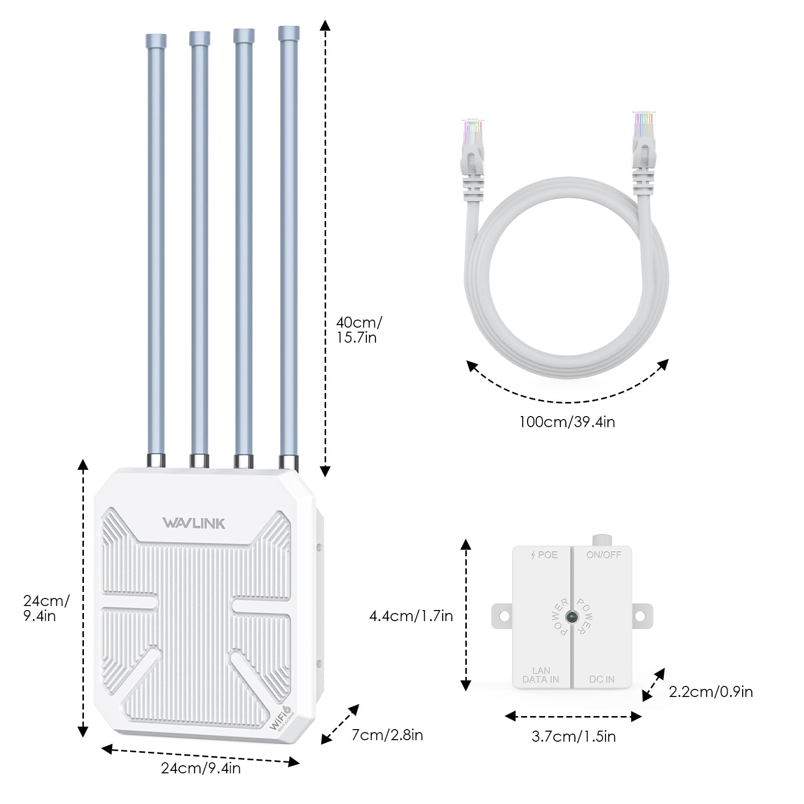 Router Wi-Fi Wavlink con quattro antenne, cavo Ethernet e iniettore PoE con dimensioni.