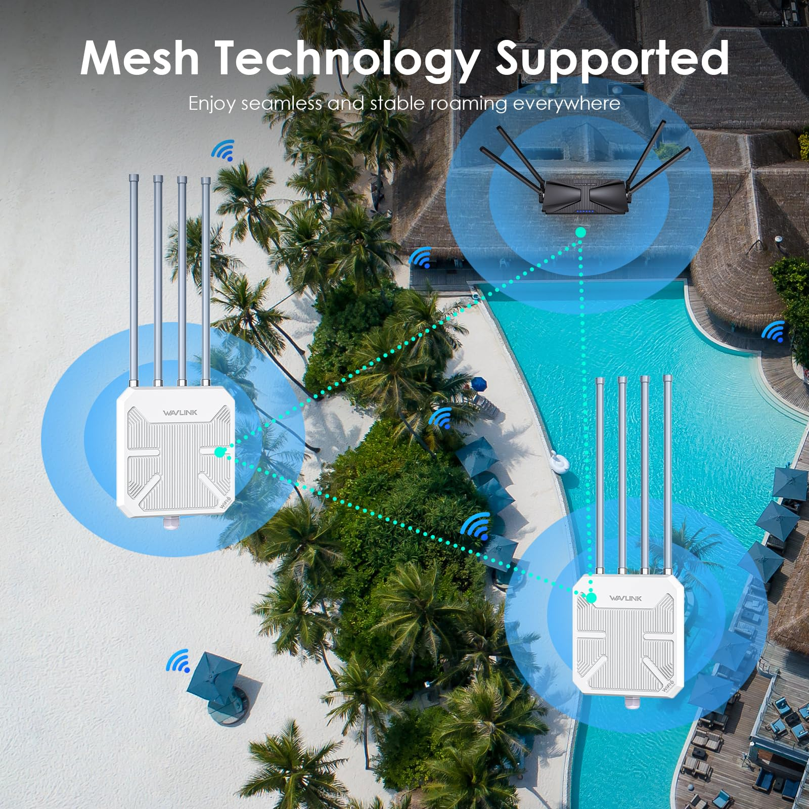 Tre router mesh su un resort tropicale, che mostrano copertura e connettività wireless.