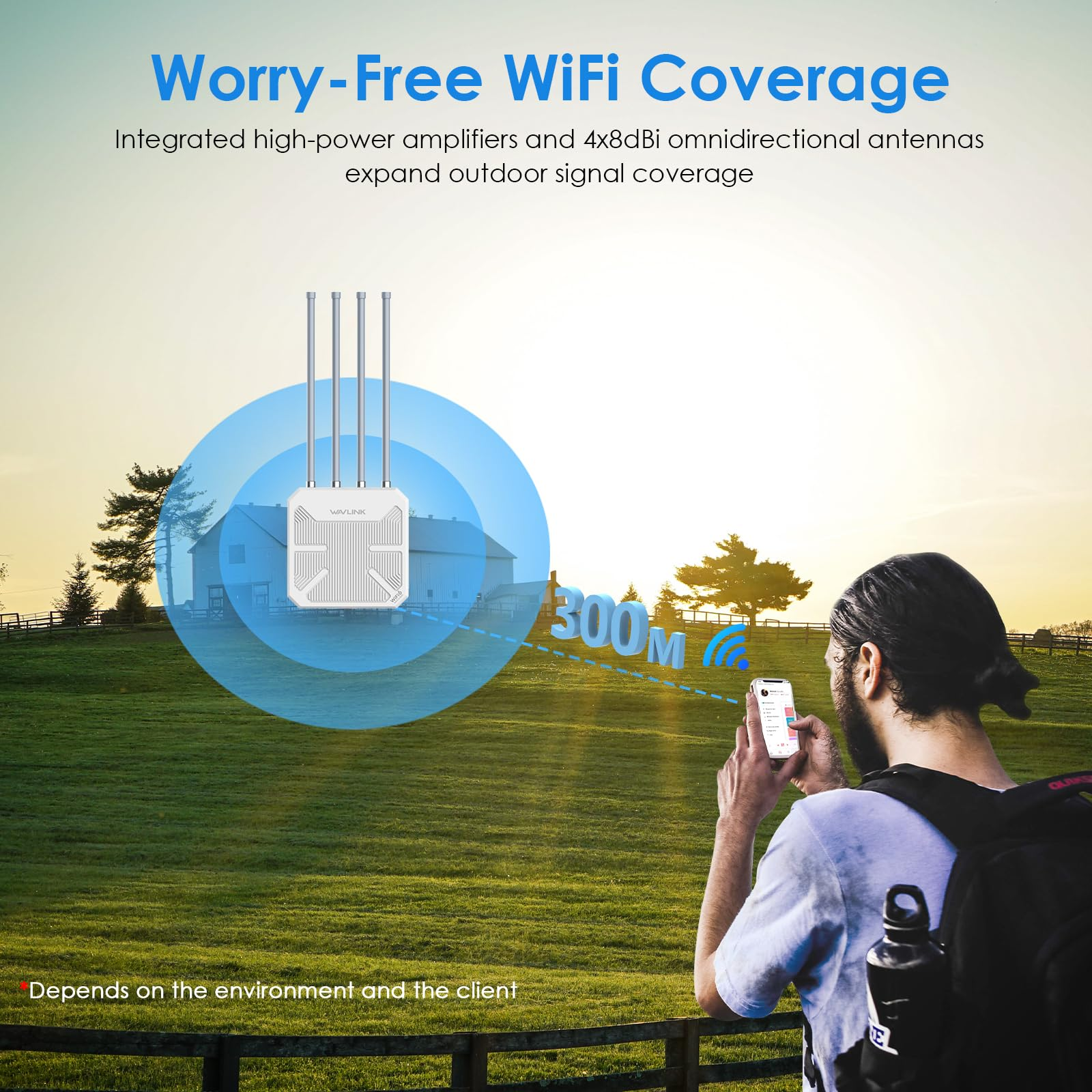 Uomo con smartphone sul prato, con router Wi-Fi sullo sfondo che invia segnali per 300 metri.