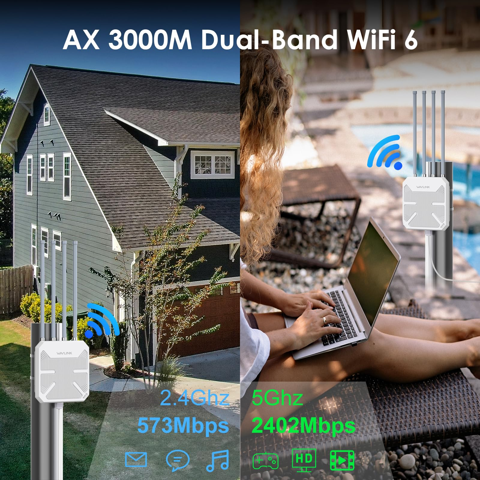 Router WiFi 6 dual-band AX 3000M vicino a una casa e donna con laptop.