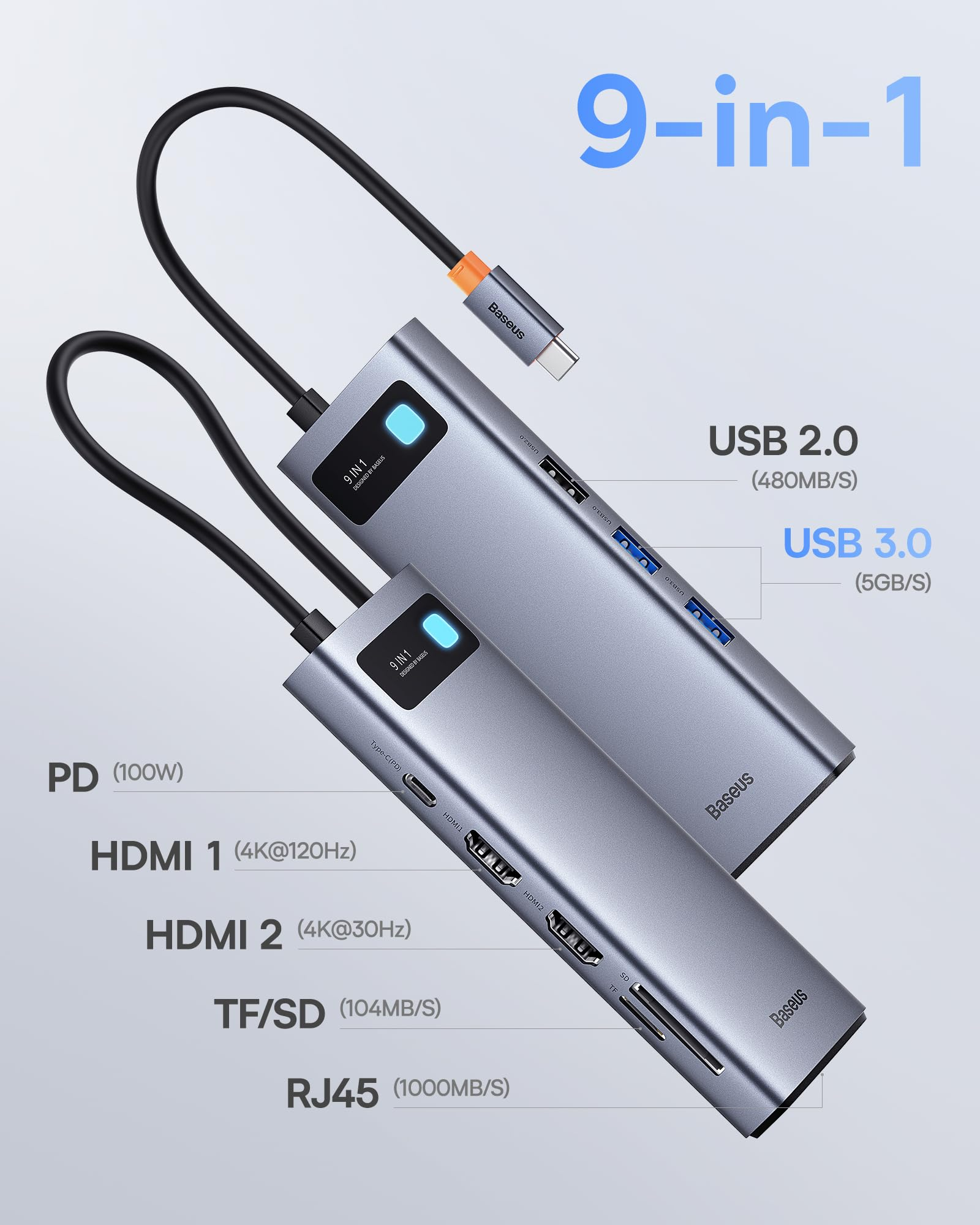 Due hub USB-C grigi 9 in 1 con varie porte e cavi su sfondo grigio chiaro.