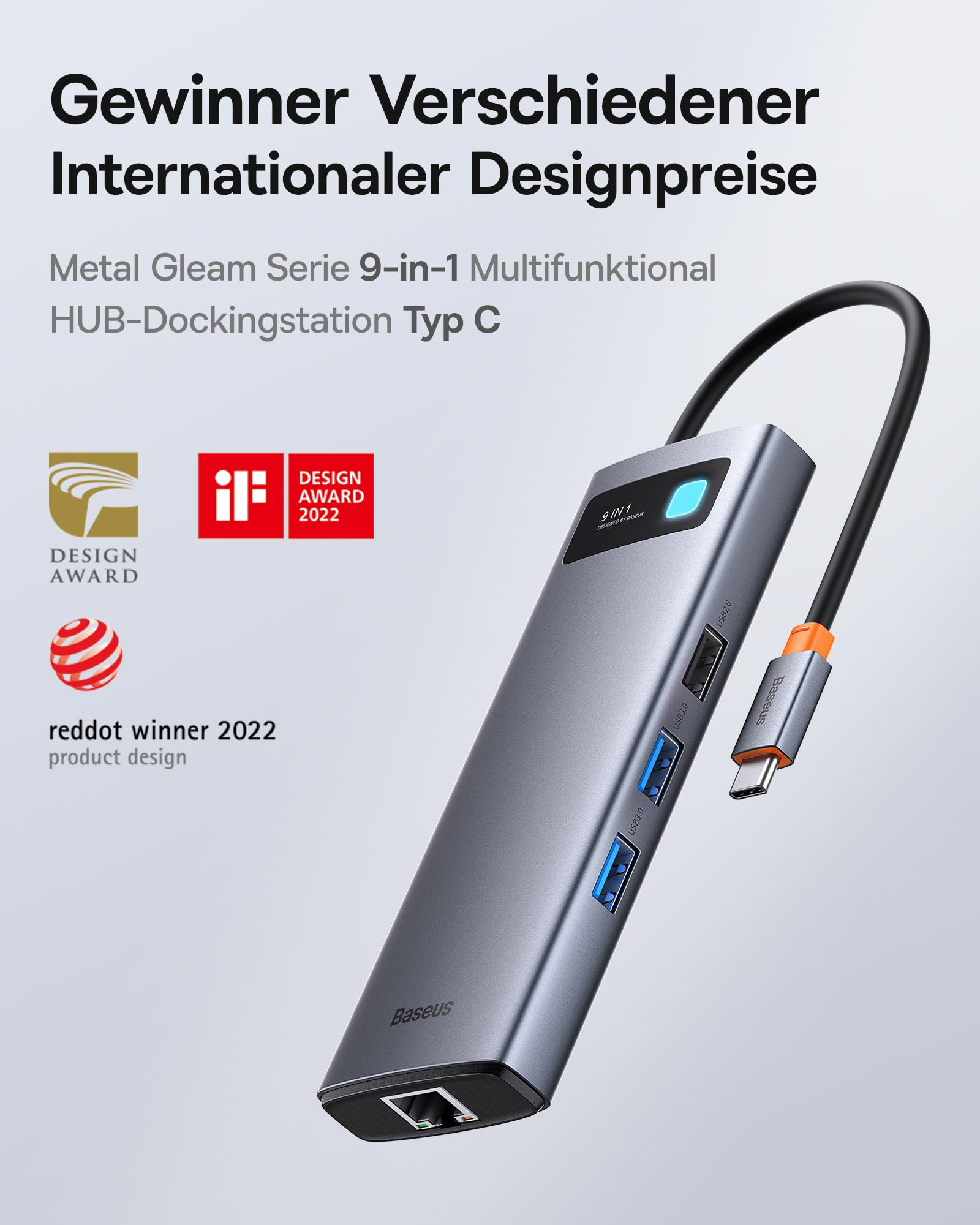 Hub USB Type-C Baseus grigio 9 in 1 con cavo e porte, affiancato da badge di premi di design.