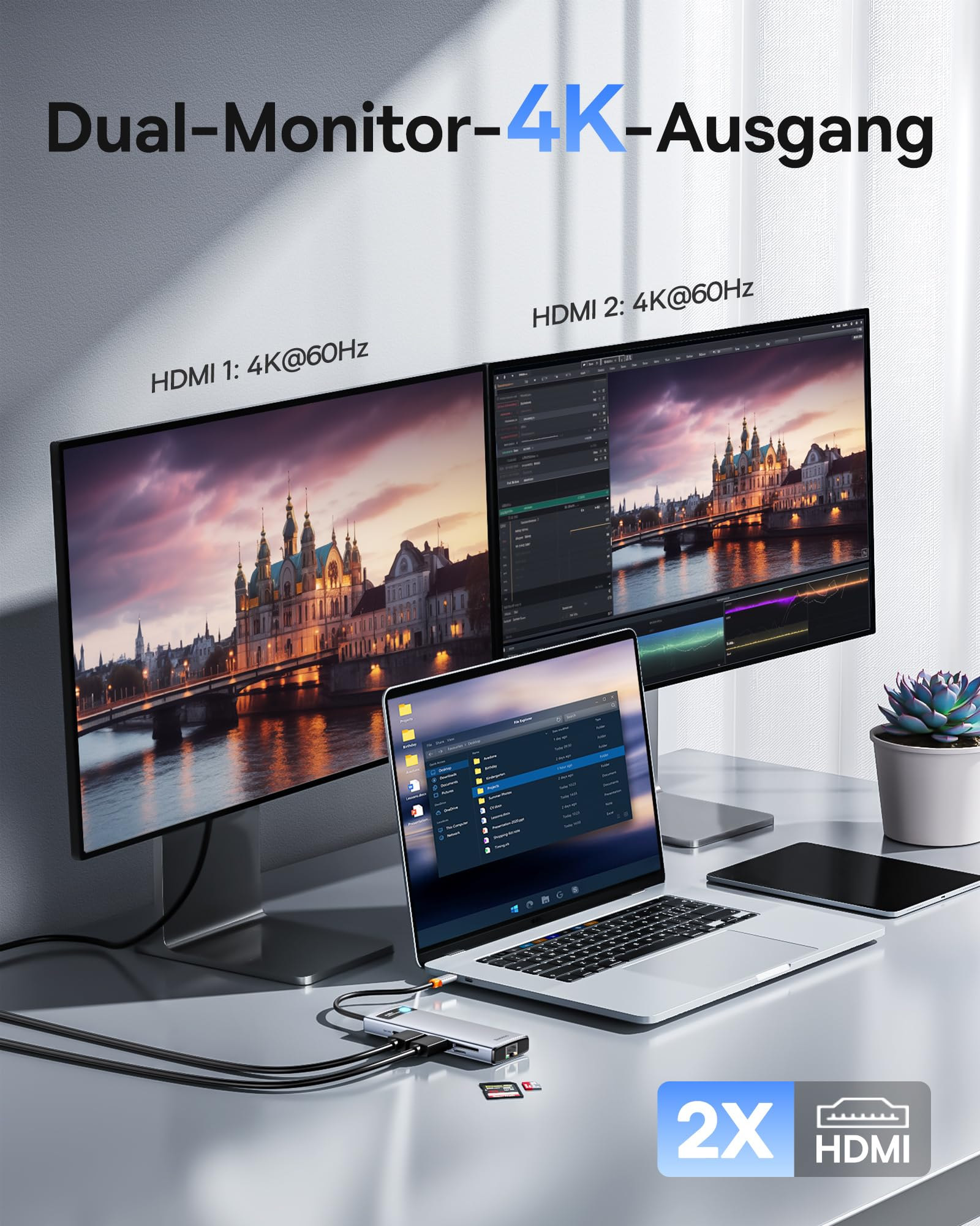 Laptop collegato a due monitor 4K tramite un hub USB-C su una scrivania.