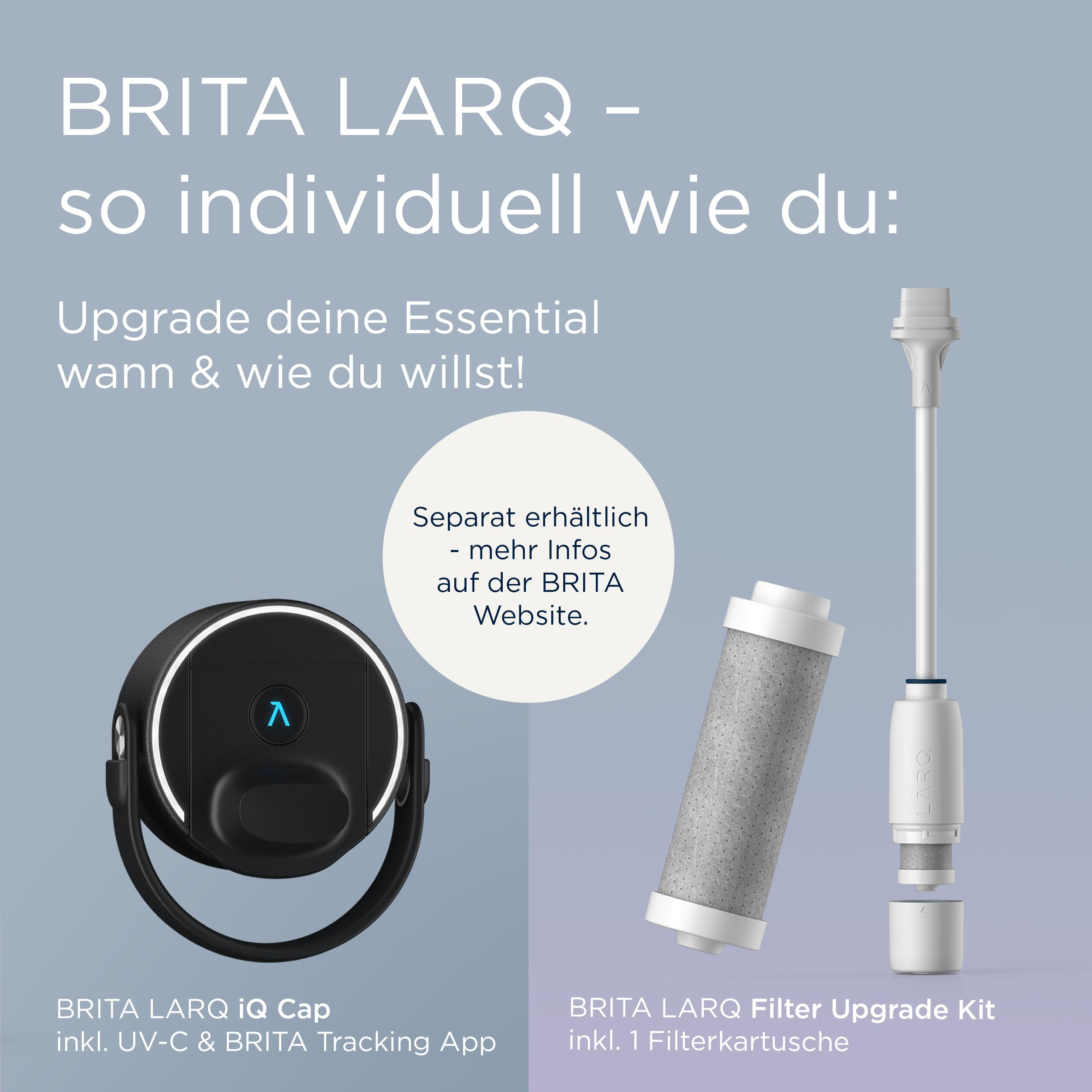 Werbung für BRITA LARQ mit iQ Cap und Filter-Upgrade-Kit auf blauem Hintergrund.