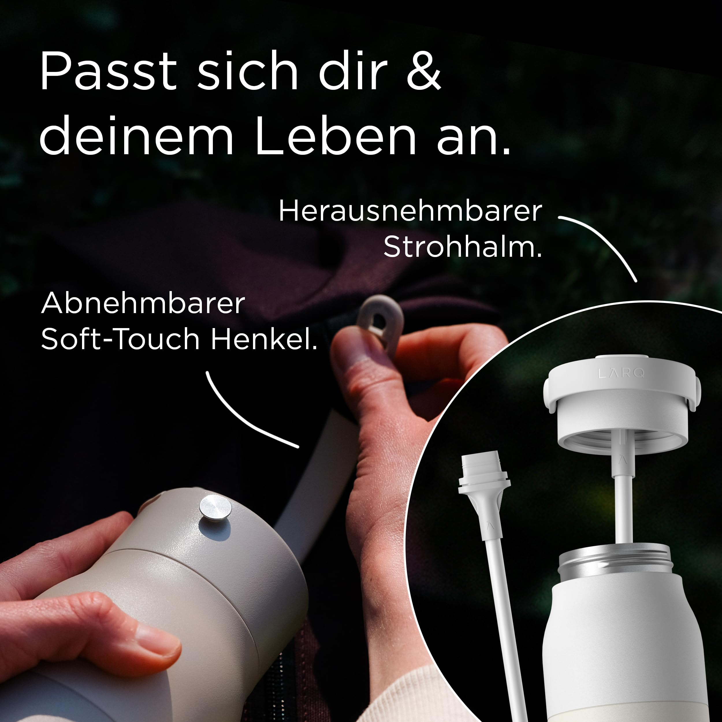 Eine Hand greift nach dem Henkel einer grauen LARQ-Flasche mit abnehmbarem Strohhalm und Henkel.