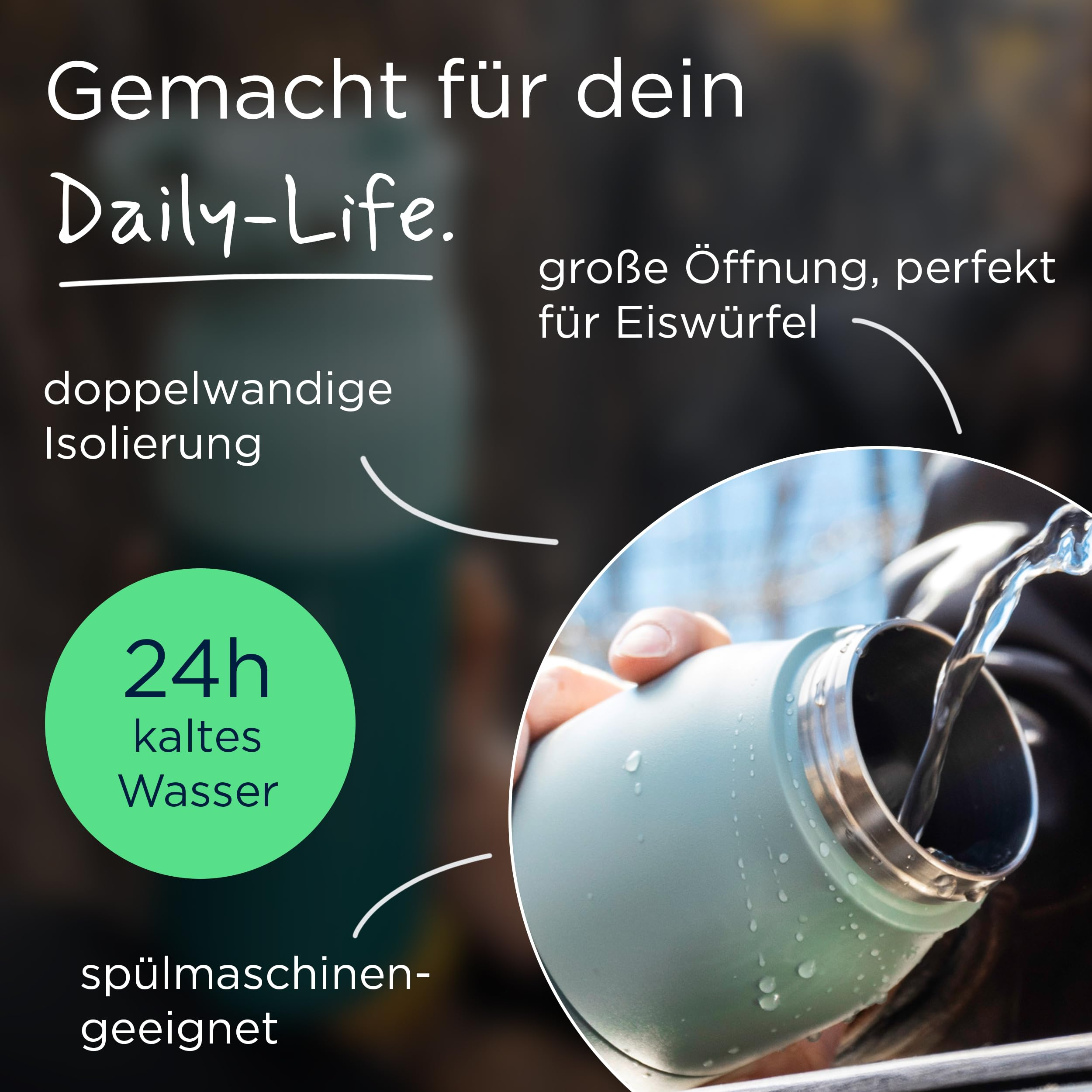 Werbebild für eine isolierte Wasserflasche mit Texten über deren Eigenschaften und einem Bild, wie sie befüllt wird.
