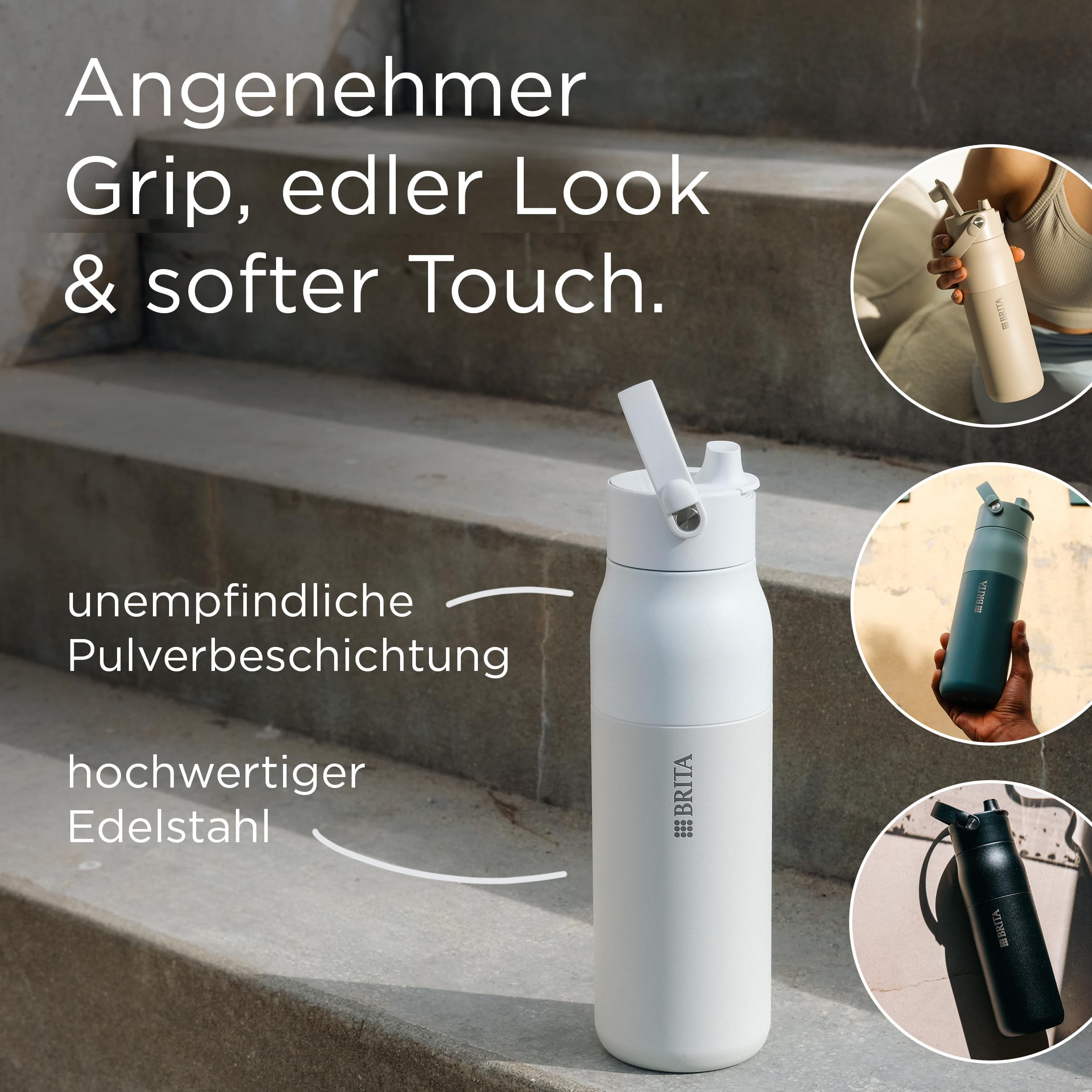 Eine weiße BRITA Trinkflasche steht auf Steintreppen mit Text und drei runden Insets in Beige, Grün und Schwarz.