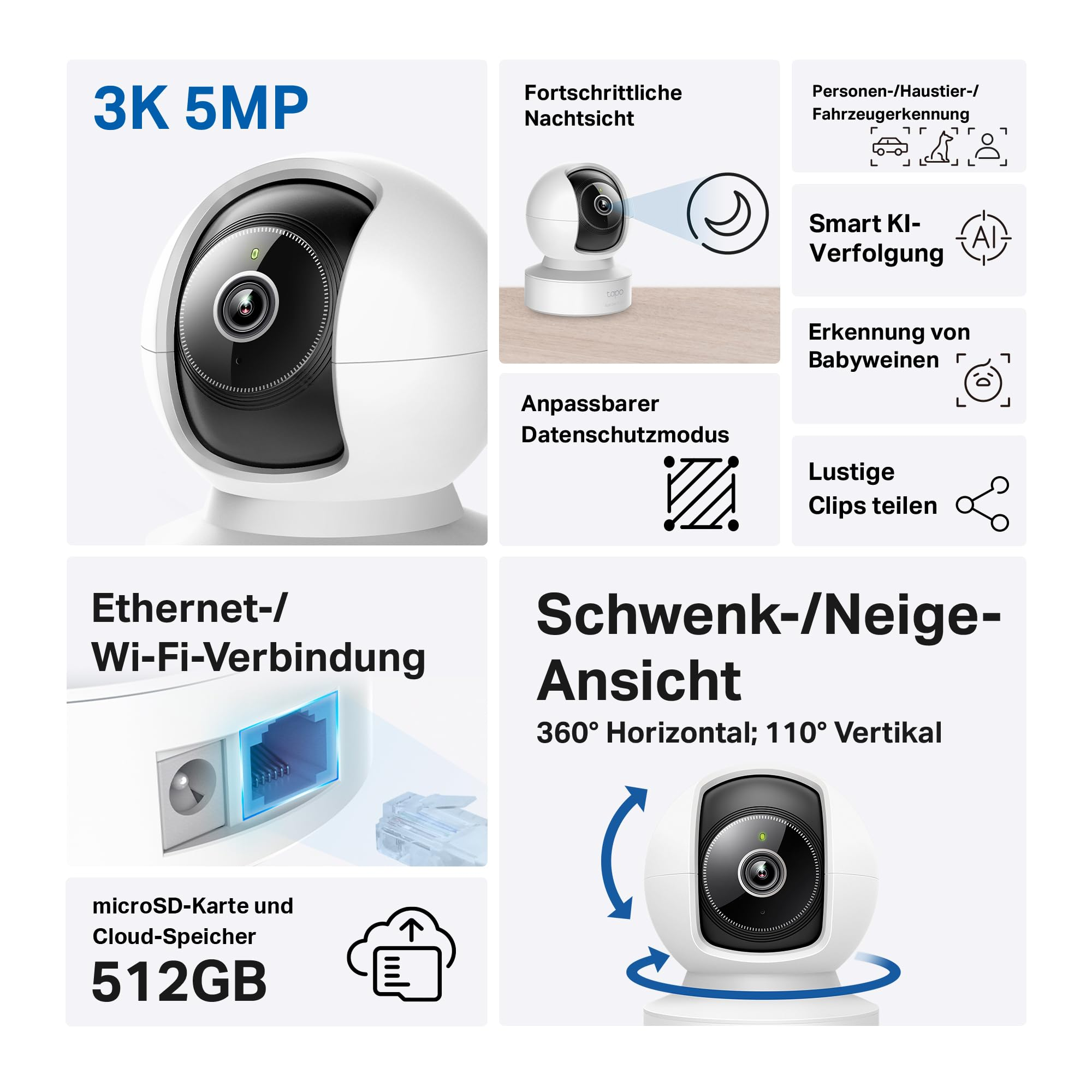 Aperçu de la caméra de sécurité 3K 5MP avec vision nocturne, suivi IA et Wi-Fi.