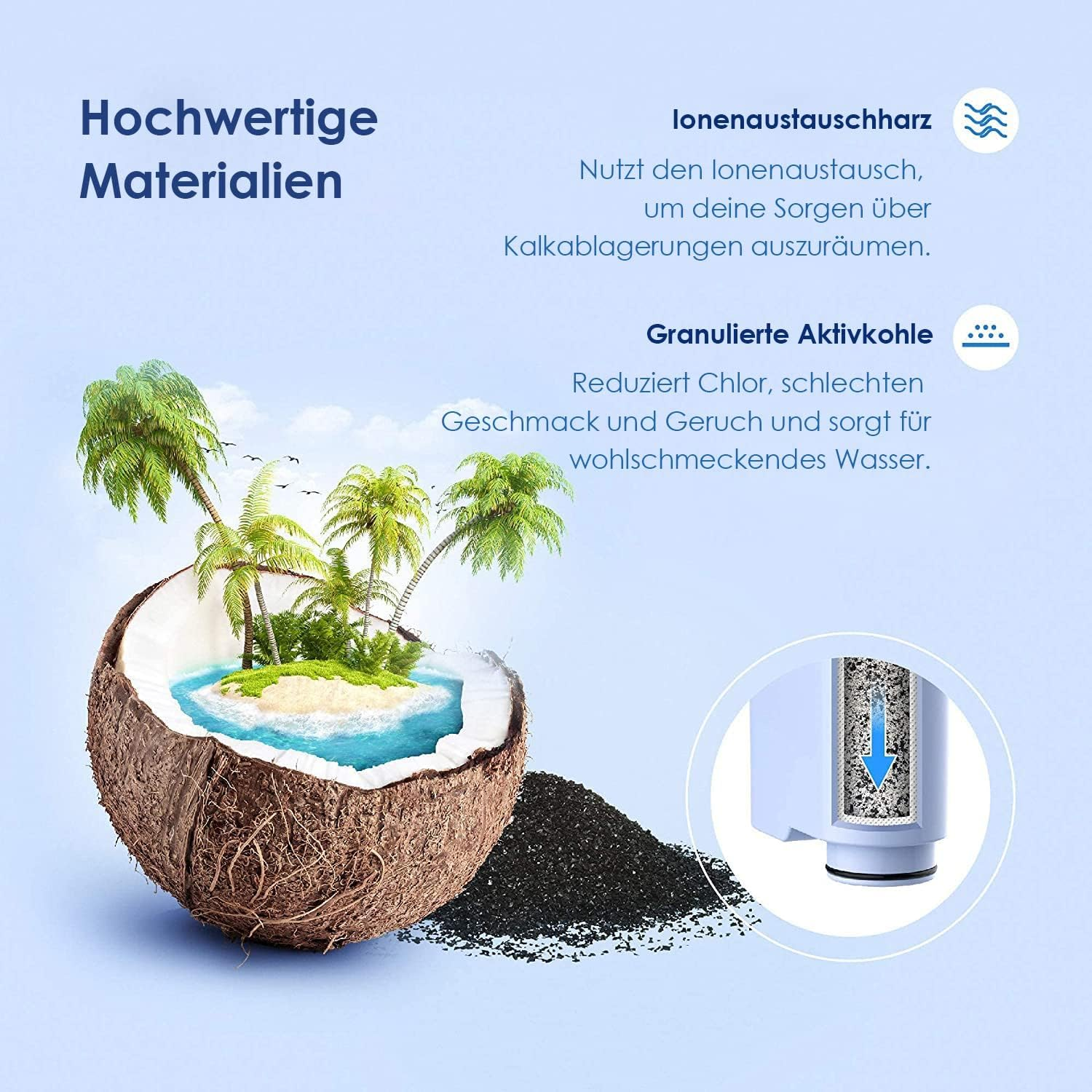 Grafica mostra guscio di noce di cocco con isola tropicale e filtro per l'acqua.