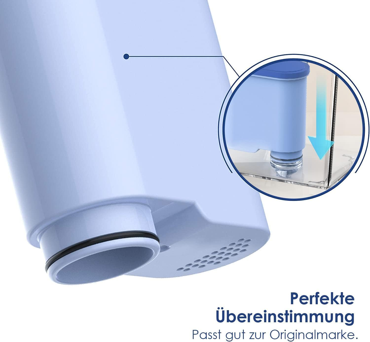 Primo piano di una cartuccia filtrante blu con un riquadro circolare che mostra l'installazione.