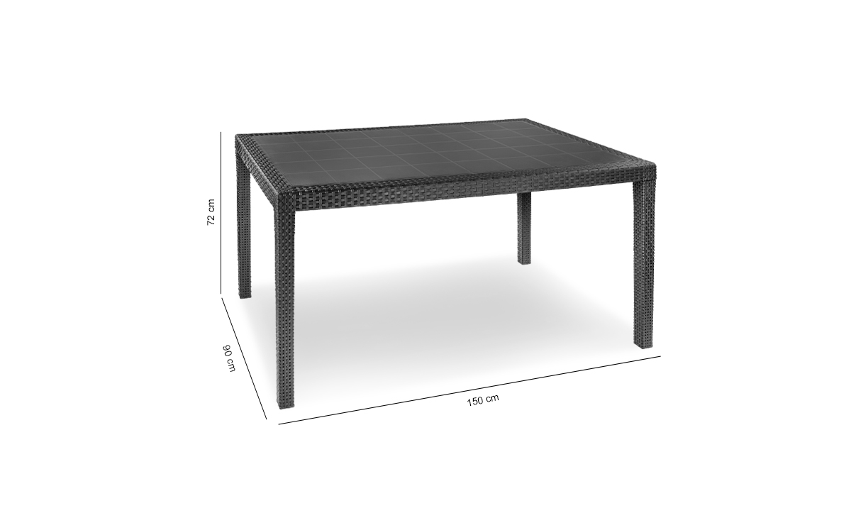 Czarny rattanowy stół ogrodowy z szklanym blatem, wymiary 150x90x72 cm, na białym tle.