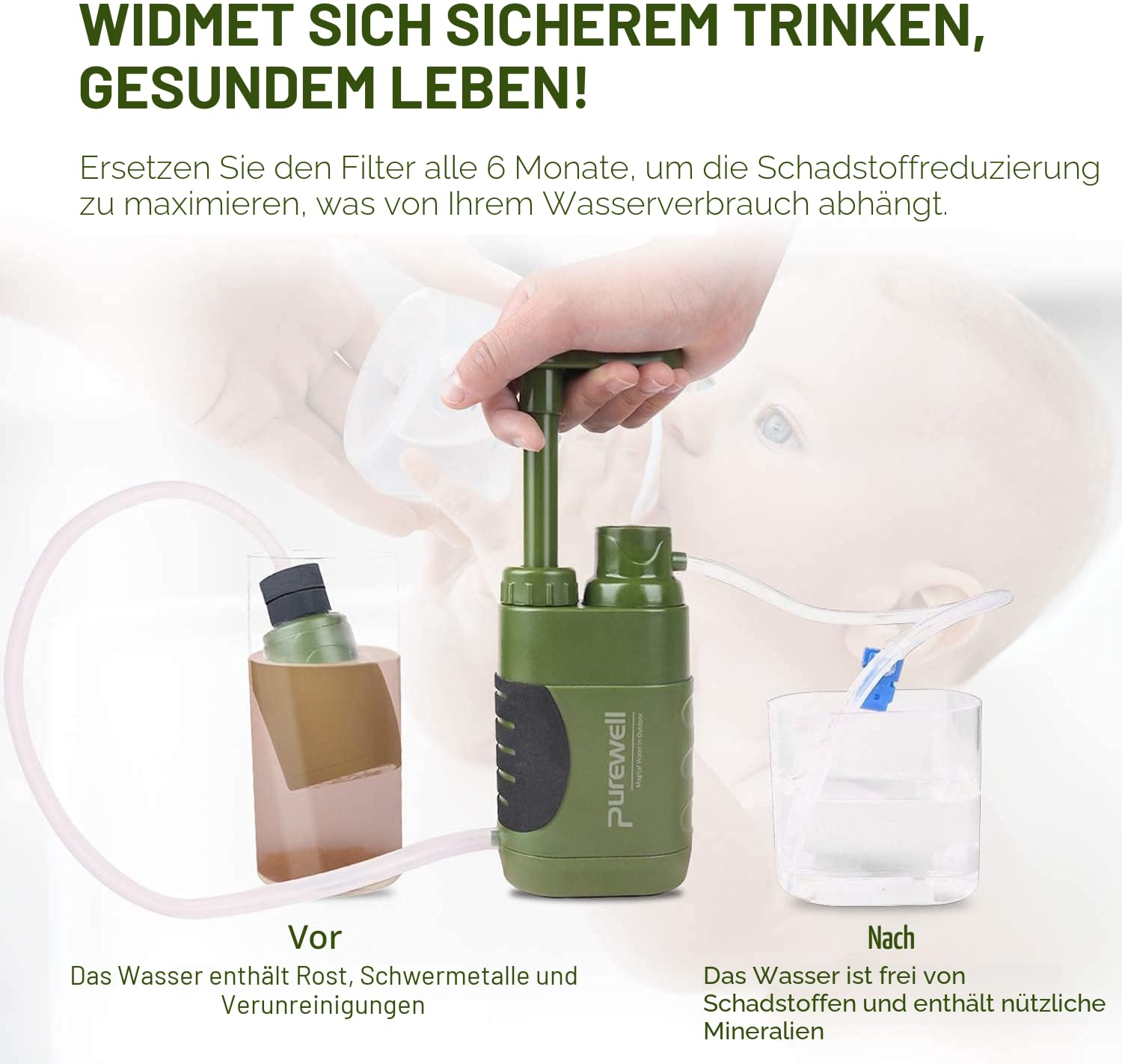 Una pompa per filtro dell'acqua pulisce l'acqua fangosa in un bicchiere.