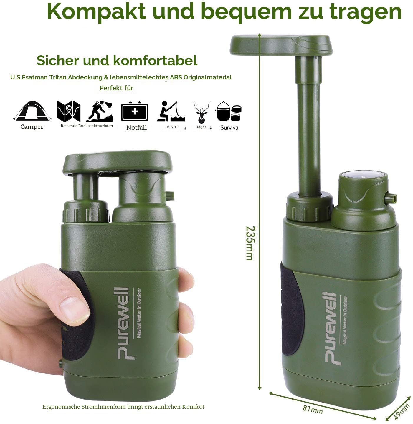 Filtro dell'acqua da esterno verde e compatto con dimensioni e testo su sfondo bianco.