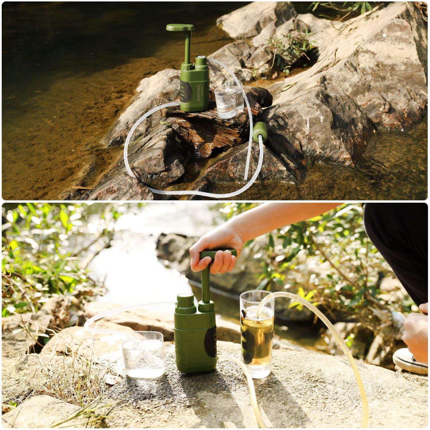 Filtro acqua portatile verde vicino al fiume con tubi e bicchiere.