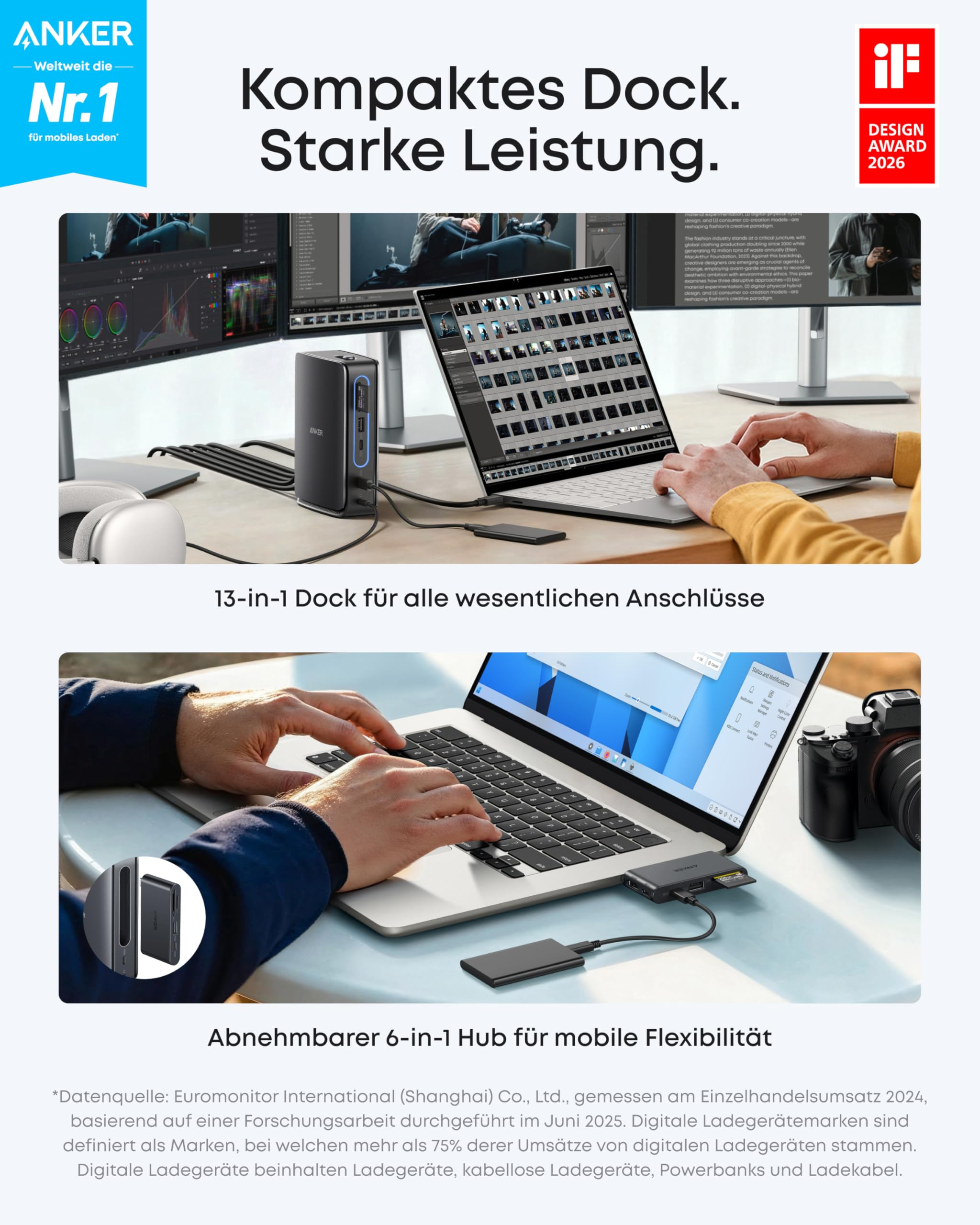 Dock 13-in-1 e hub rimovibile 6-in-1 Anker su scrivanie collegati a laptop e monitor.