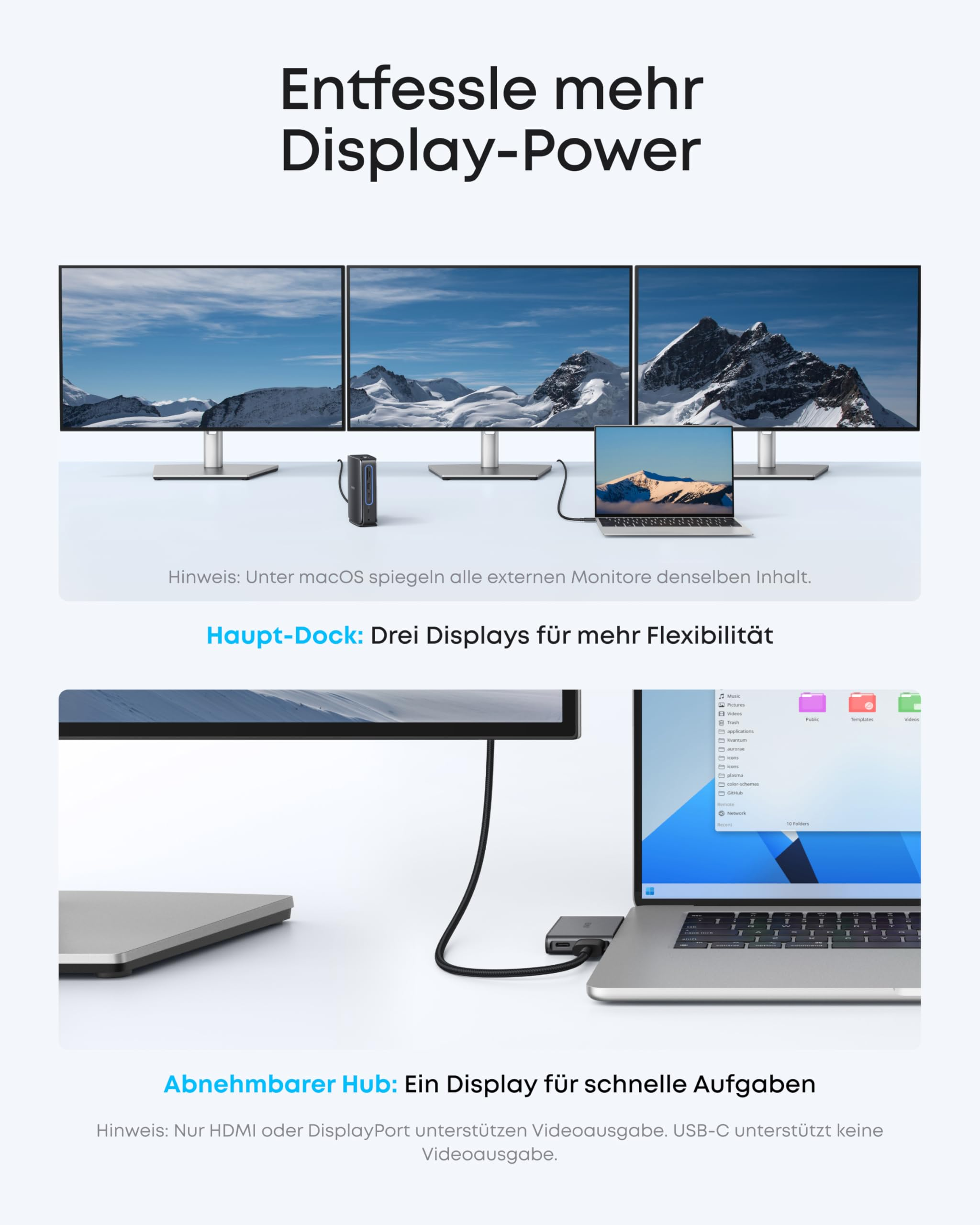 Una docking station collega tre monitor e un laptop con un paesaggio montano sugli schermi.