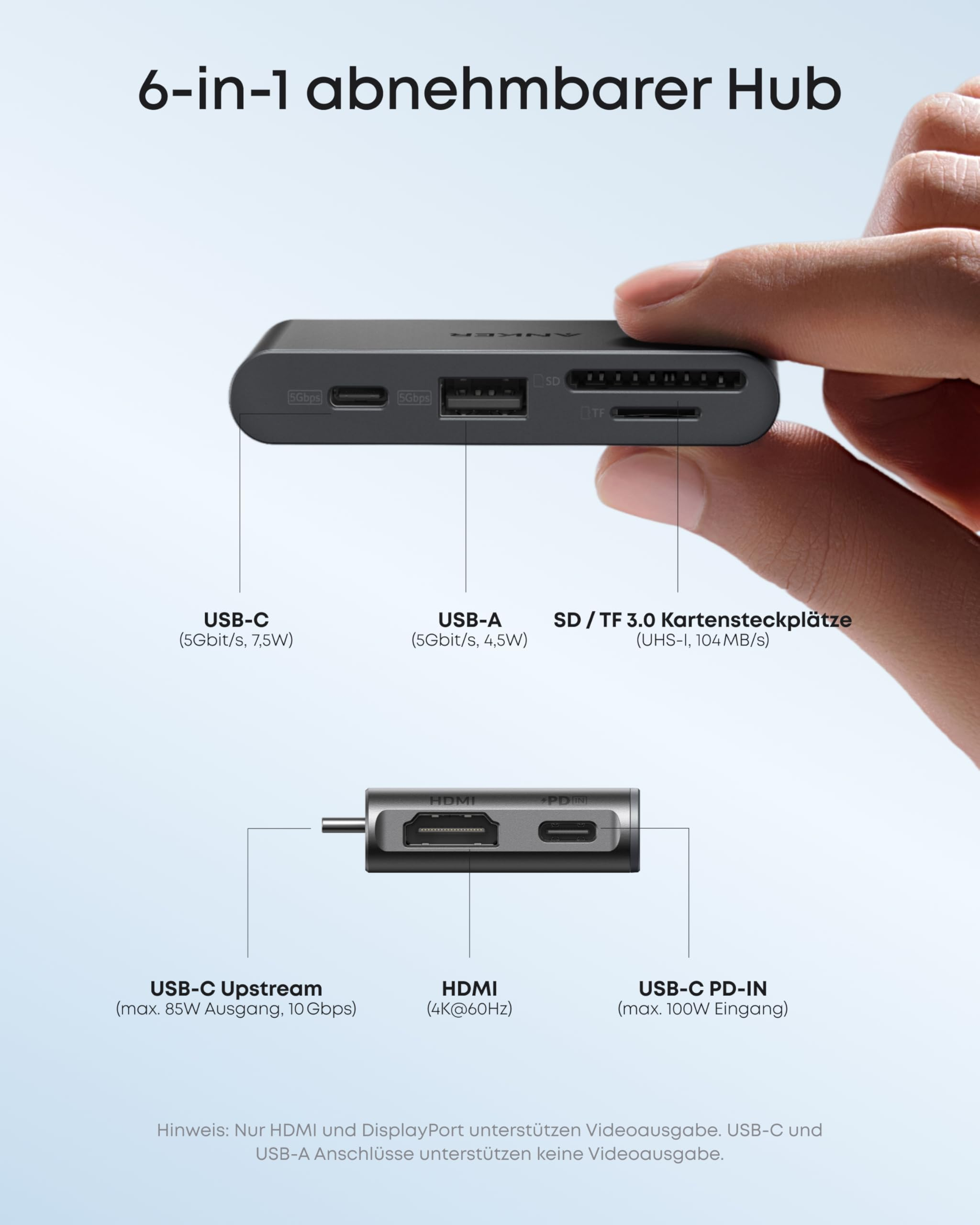 Un hub USB-C grigio 6 in 1 con varie porte tenuto da una mano su sfondo chiaro.