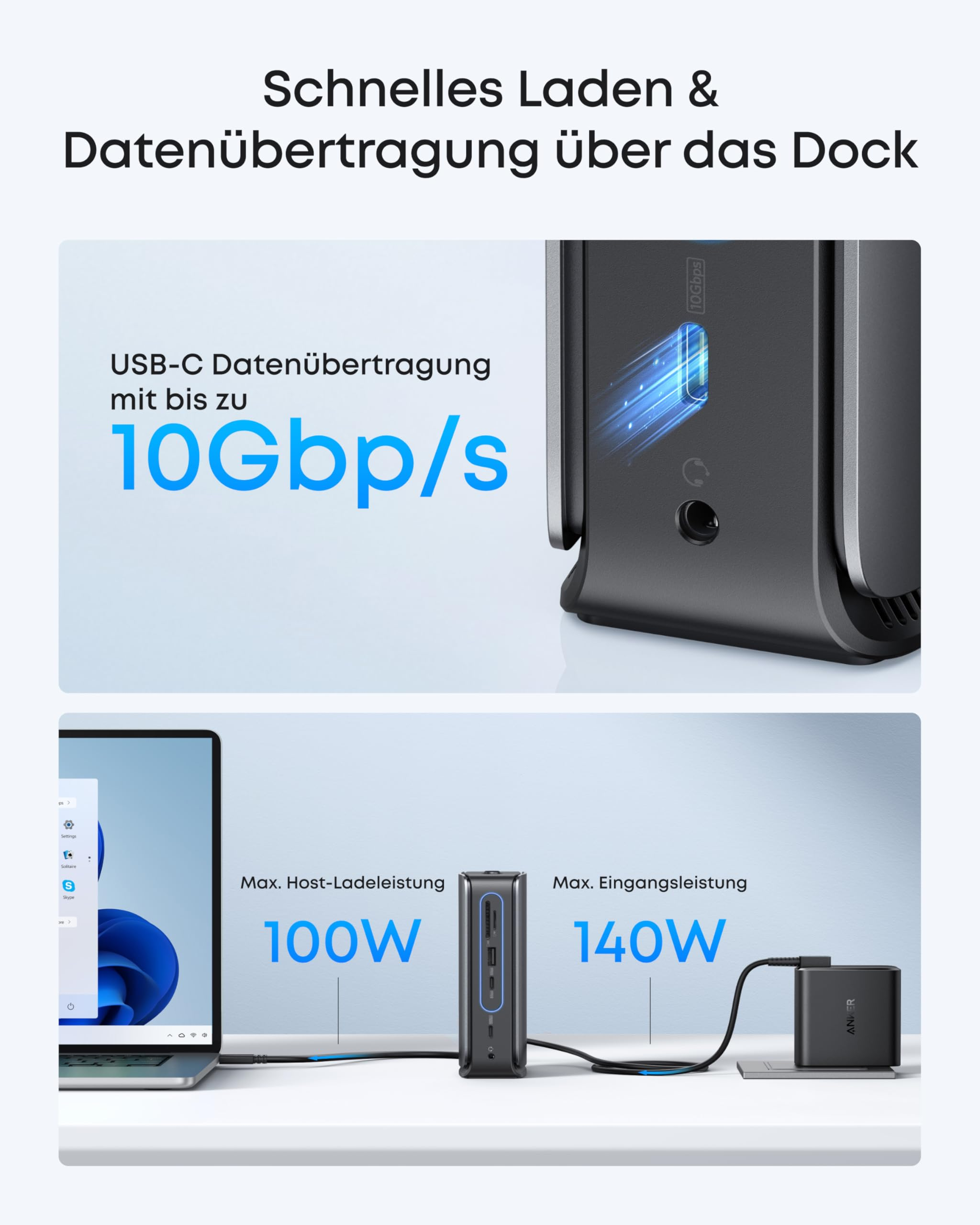 Docking station con USB-C da 10Gbps, ricarica host da 100W e ingresso da 140W.
