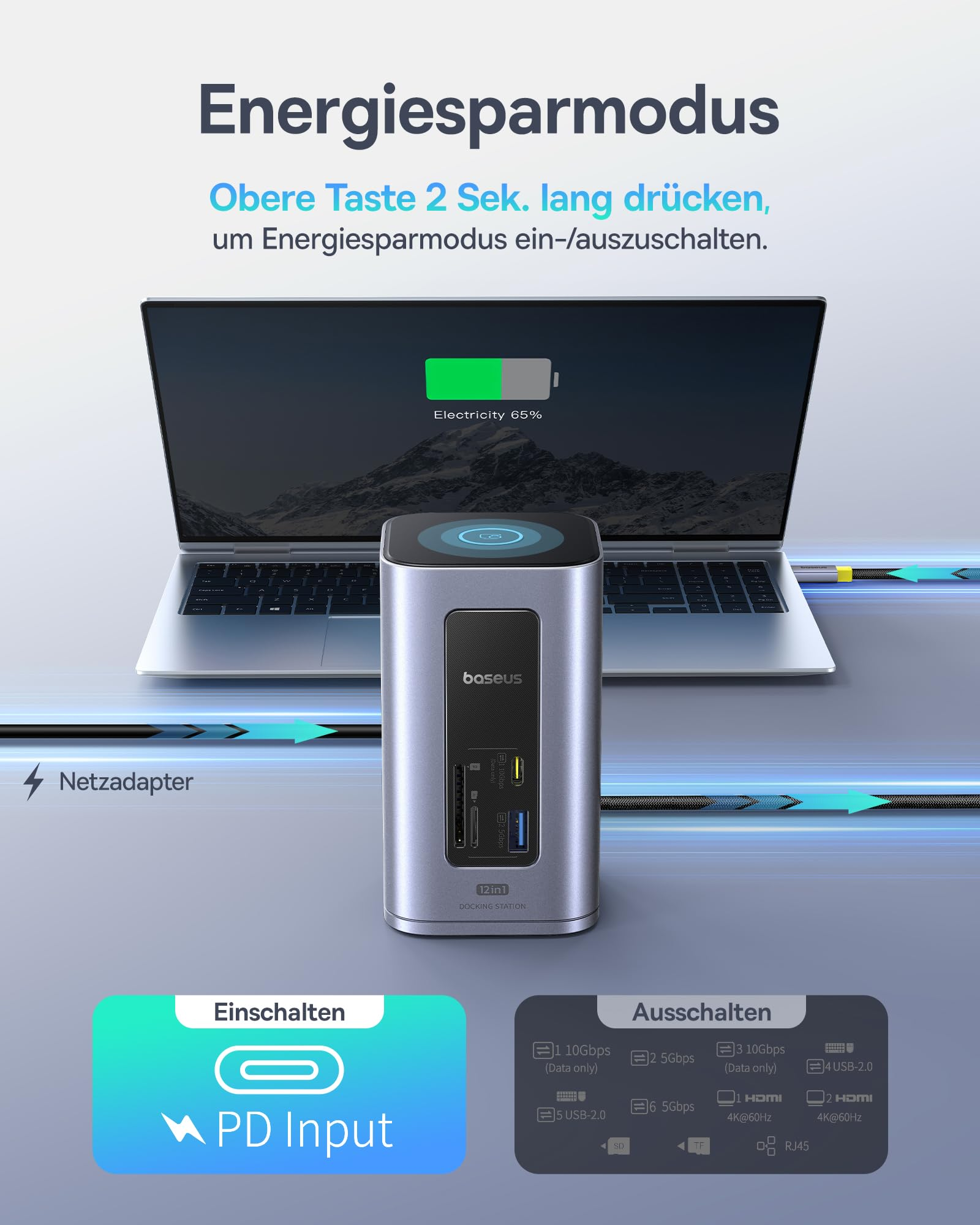 Eine graue 12-in-1-Dockingstation steht vor einem Laptop mit angeschlossenen Kabeln und Erklärungen zum Energiesparmodus.
