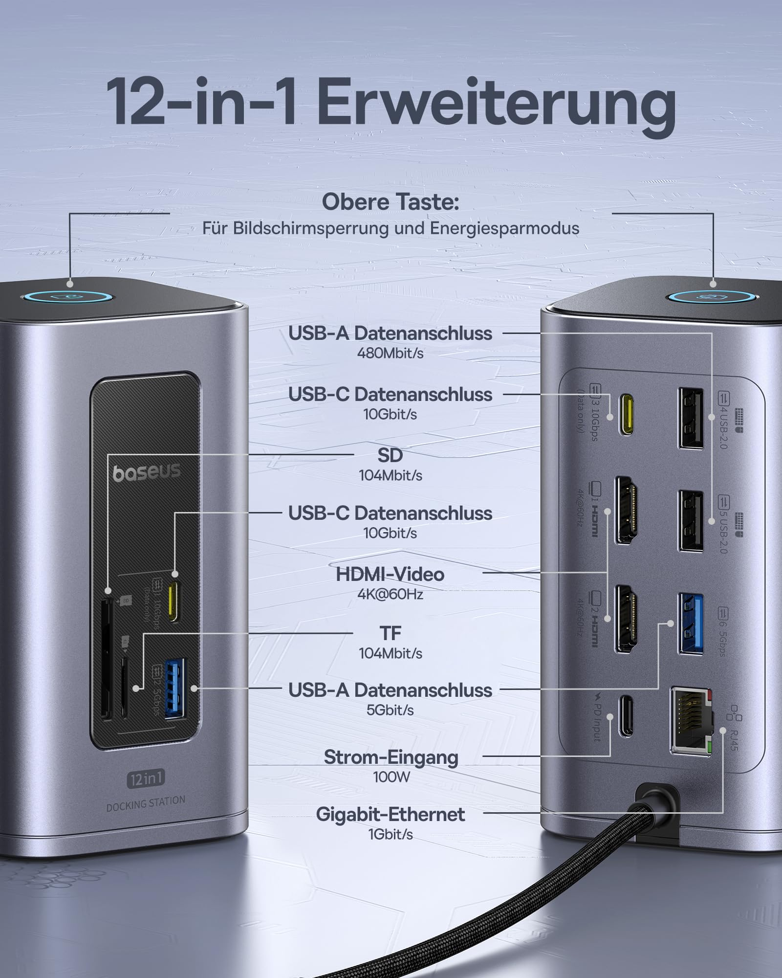 Diagramm einer grauen Baseus 12-in-1 Dockingstation mit verschiedenen Anschlüssen.
