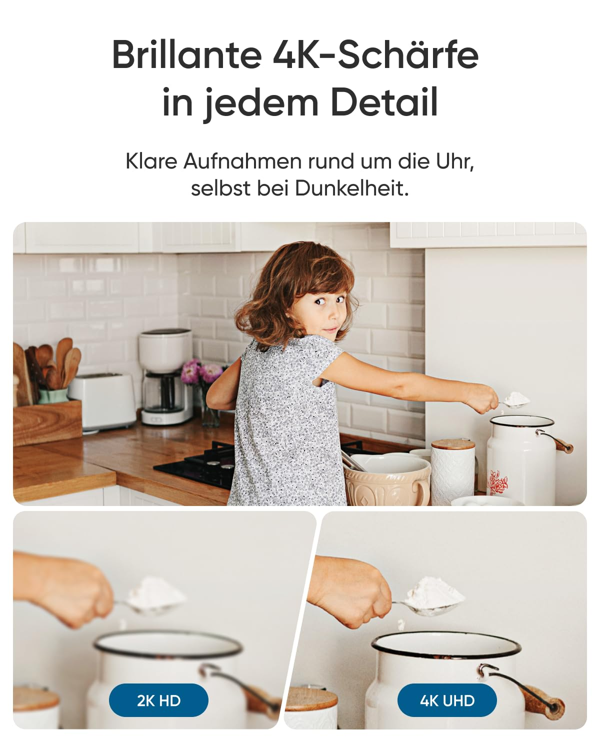 Un enfant cuisine, avec du texte au-dessus et deux comparaisons vidéo 2K et 4K UHD.