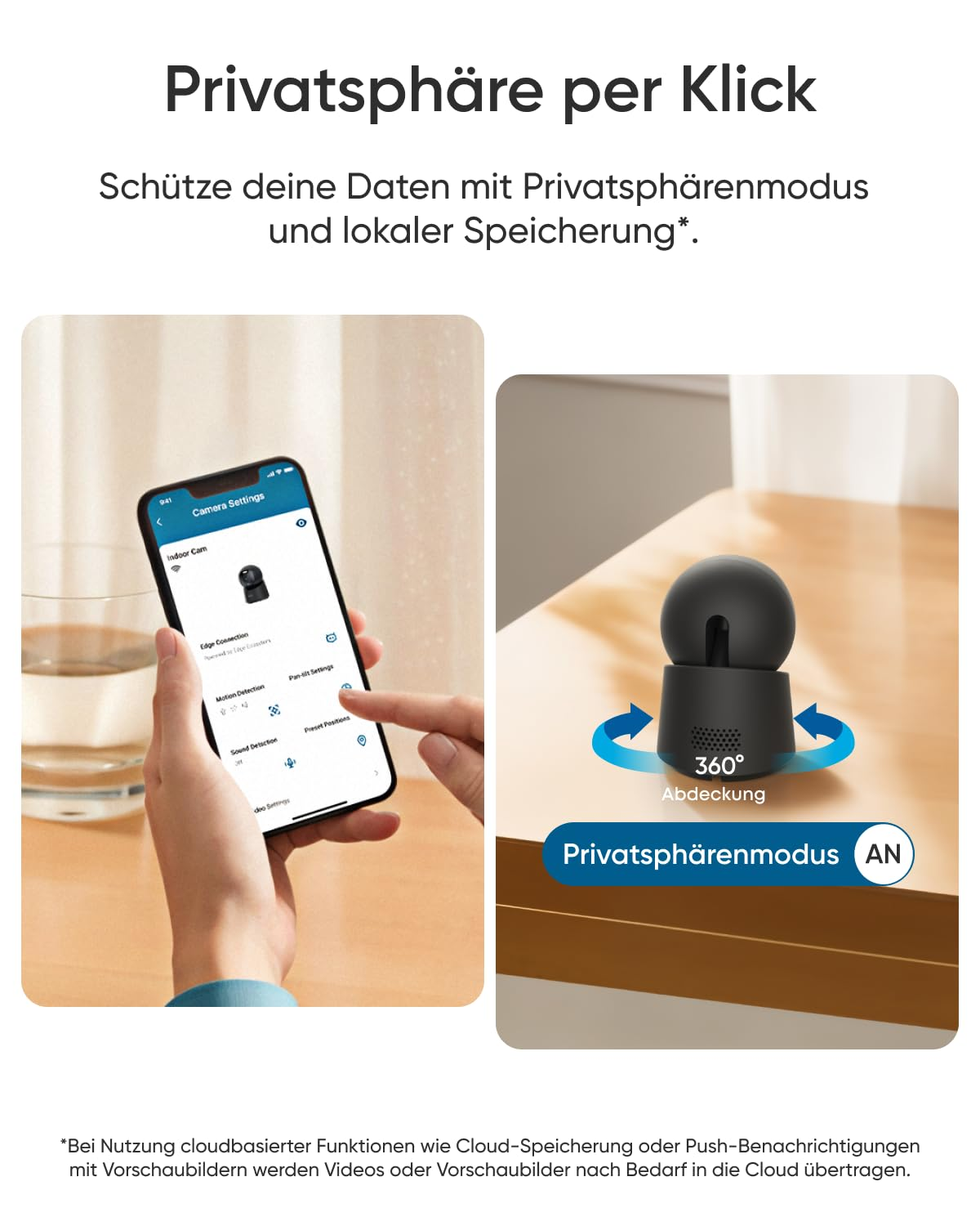 Une application montrant les réglages de la caméra sur un téléphone, à côté d'une caméra de sécurité.