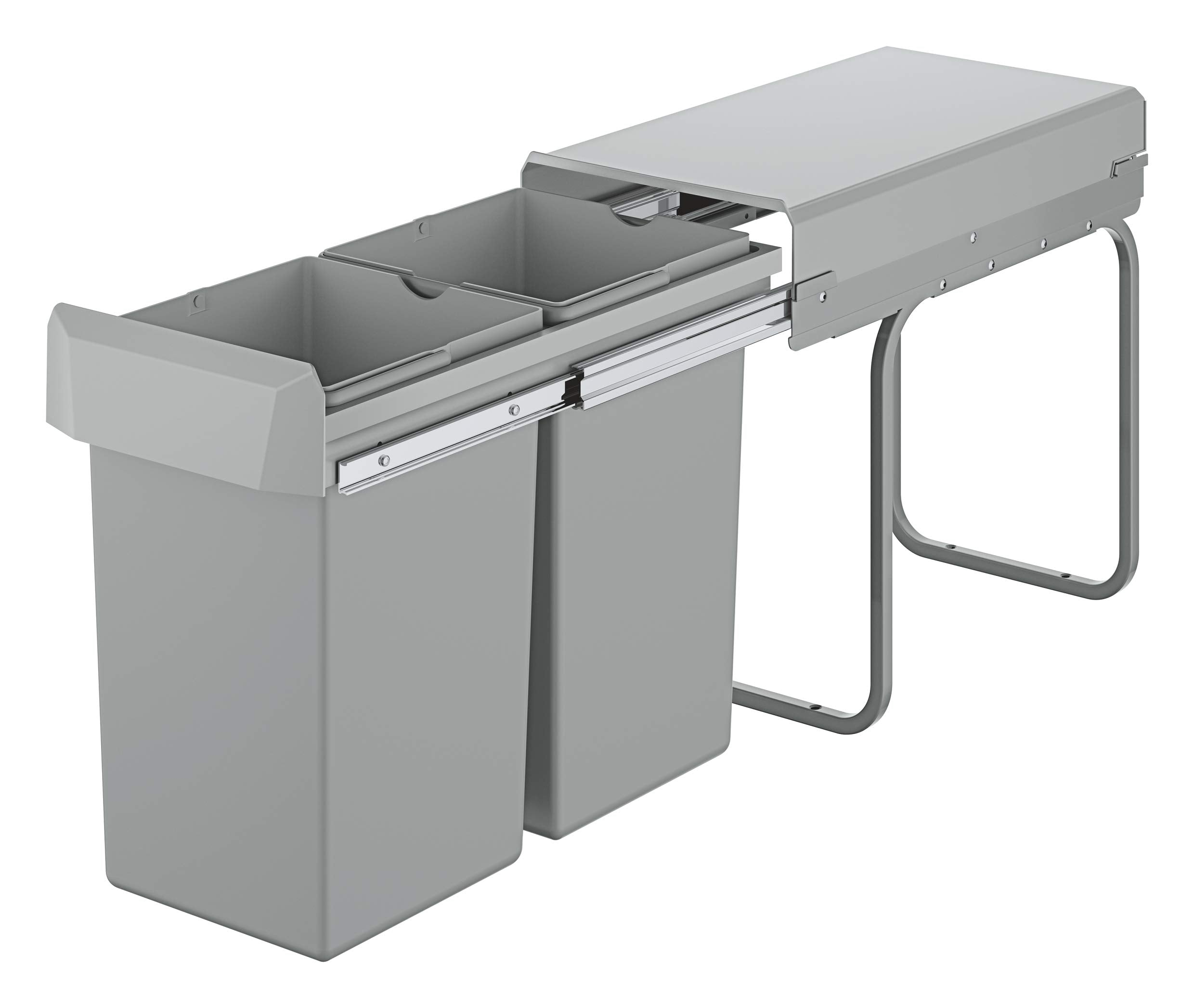 Ein graues Auszieh-Mülleimersystem mit zwei herausziehbaren Behältern und einem Metallgestell vor weißem Hintergrund.