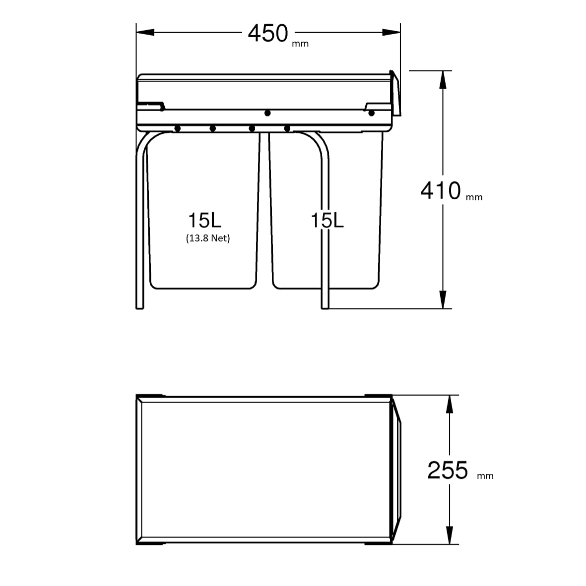 Technische Zeichnung eines Mülleimers mit zwei 15L-Behältern, Maße: 450x255x410 mm.