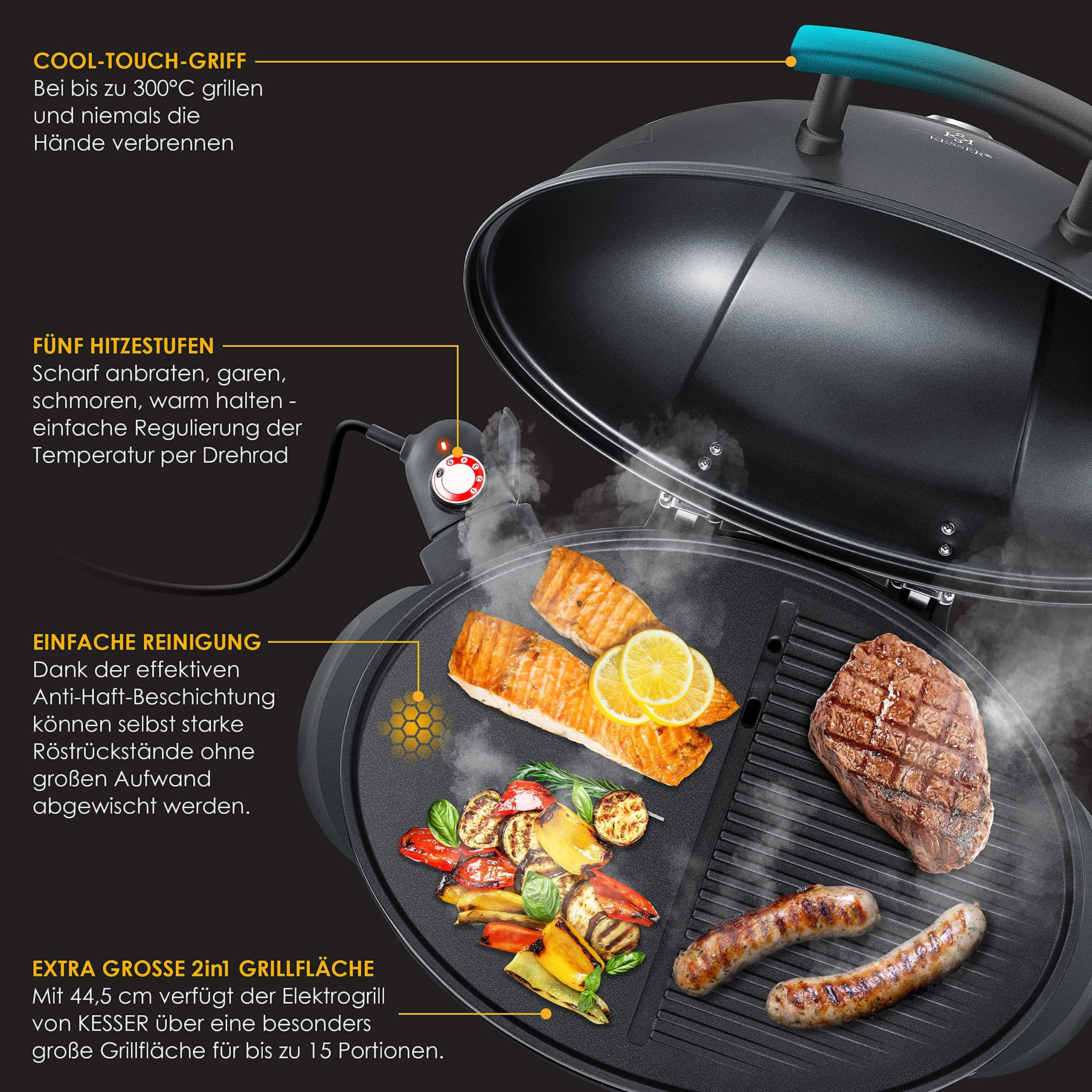 Grill elettrico a piedistallo con coperchio aperto, cuoce salmone, carne, salsicce e verdure.