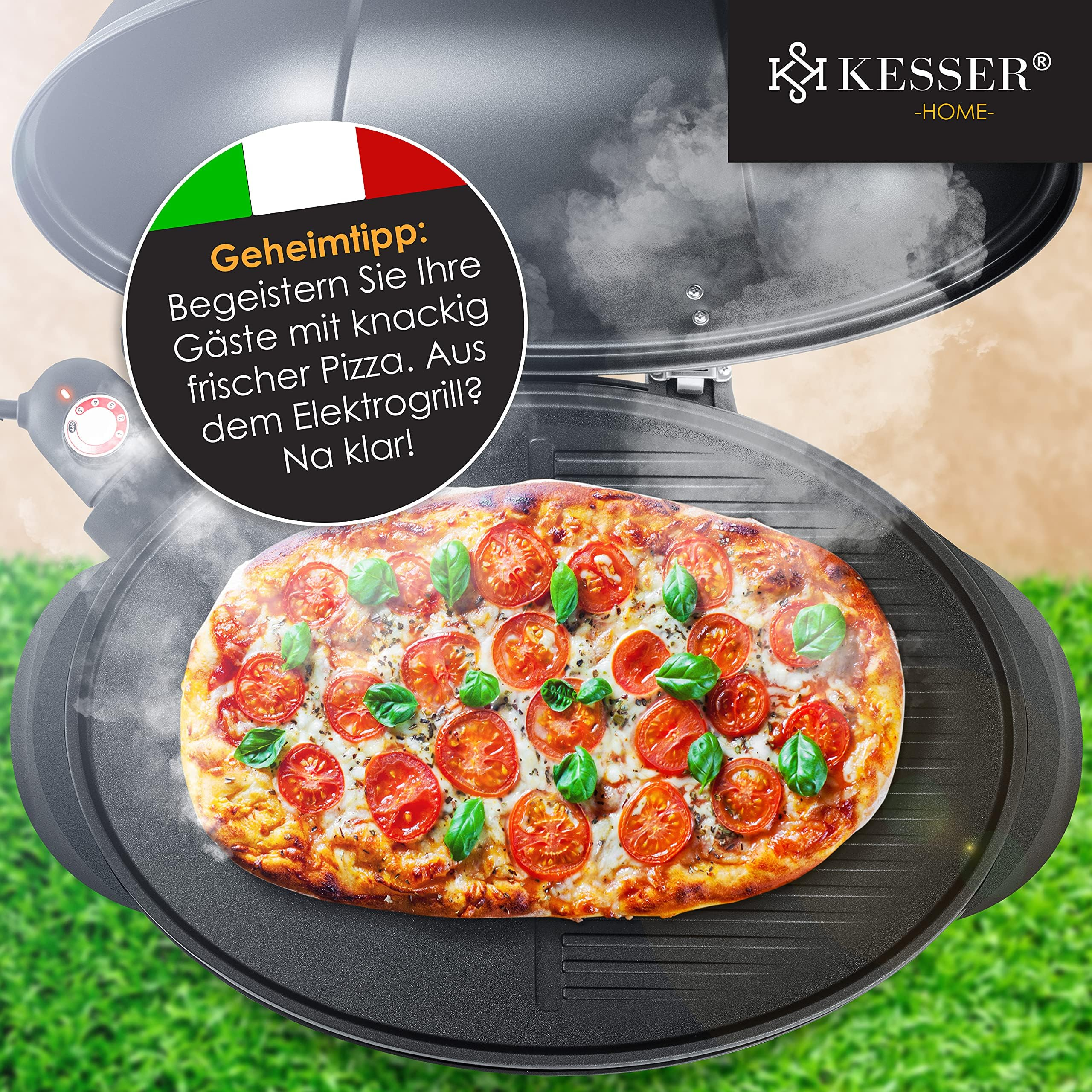 Pizza fresca con pomodori e basilico viene cotta su una griglia elettrica nera.