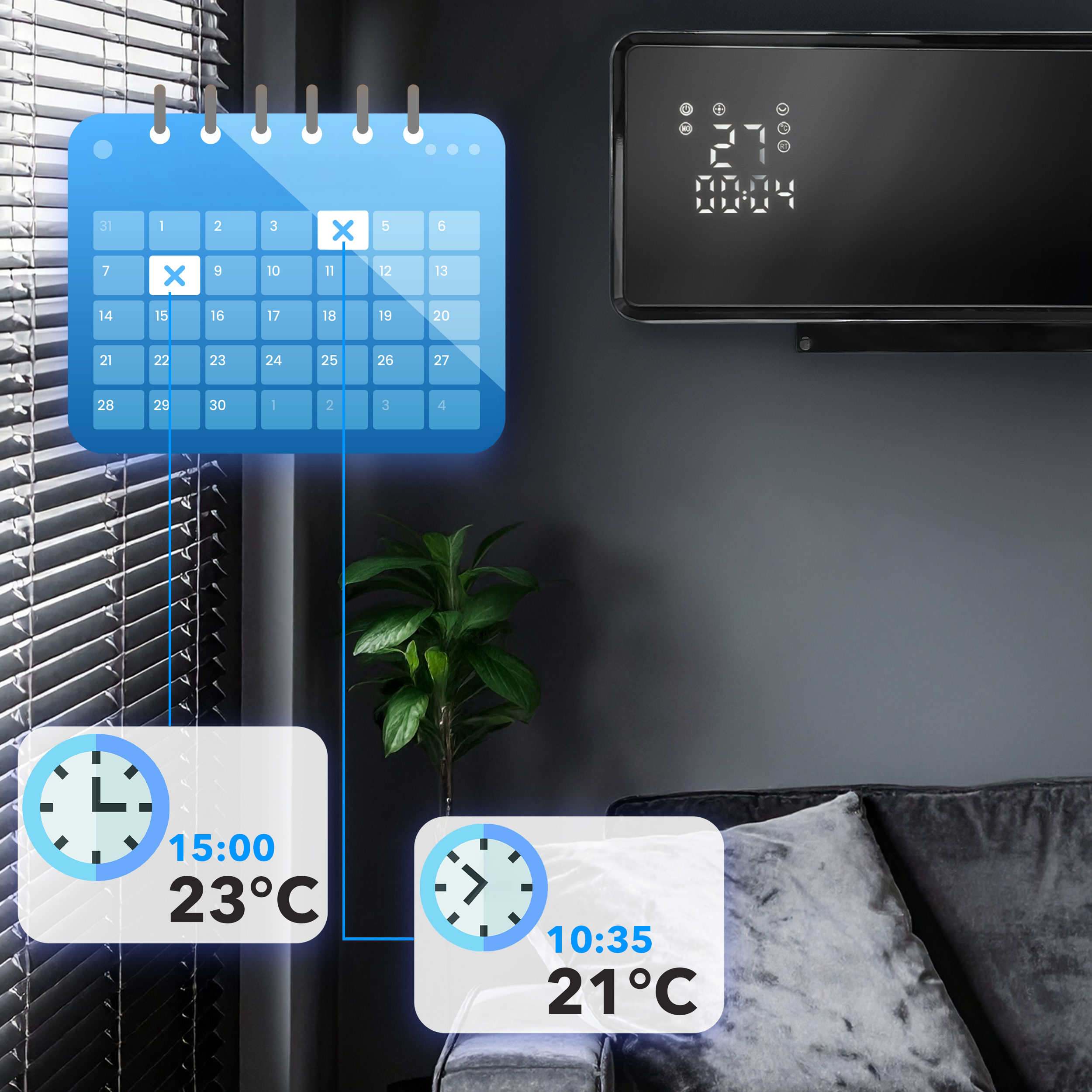 Salon z niebieskim kalendarzem, zegarem i temperaturą, klimatyzacją i ciemną sofą.