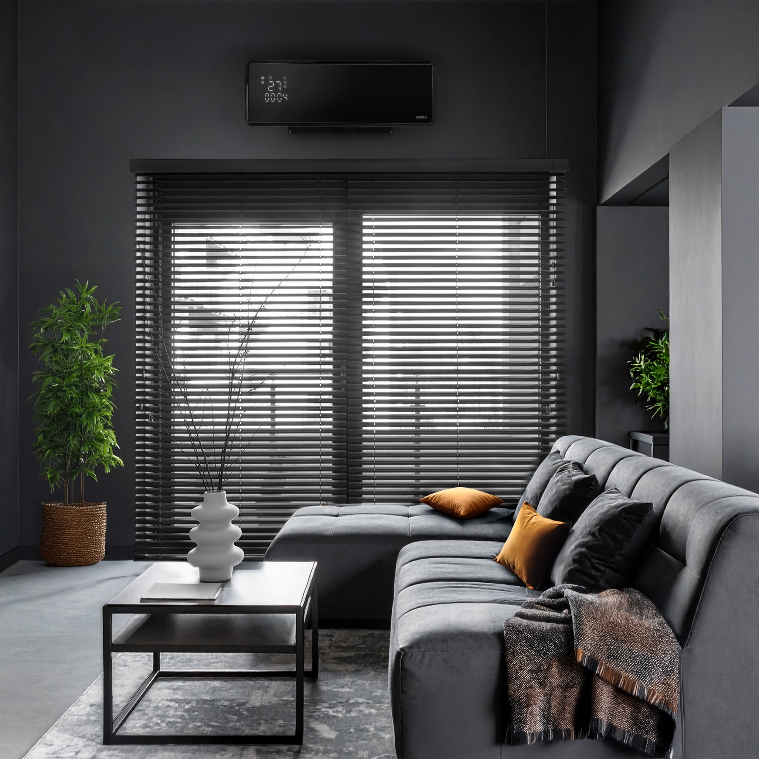 Nowoczesny szary salon z ciemną sofą narożną, czarnym stolikiem kawowym, rośliną doniczkową i klimatyzatorem.