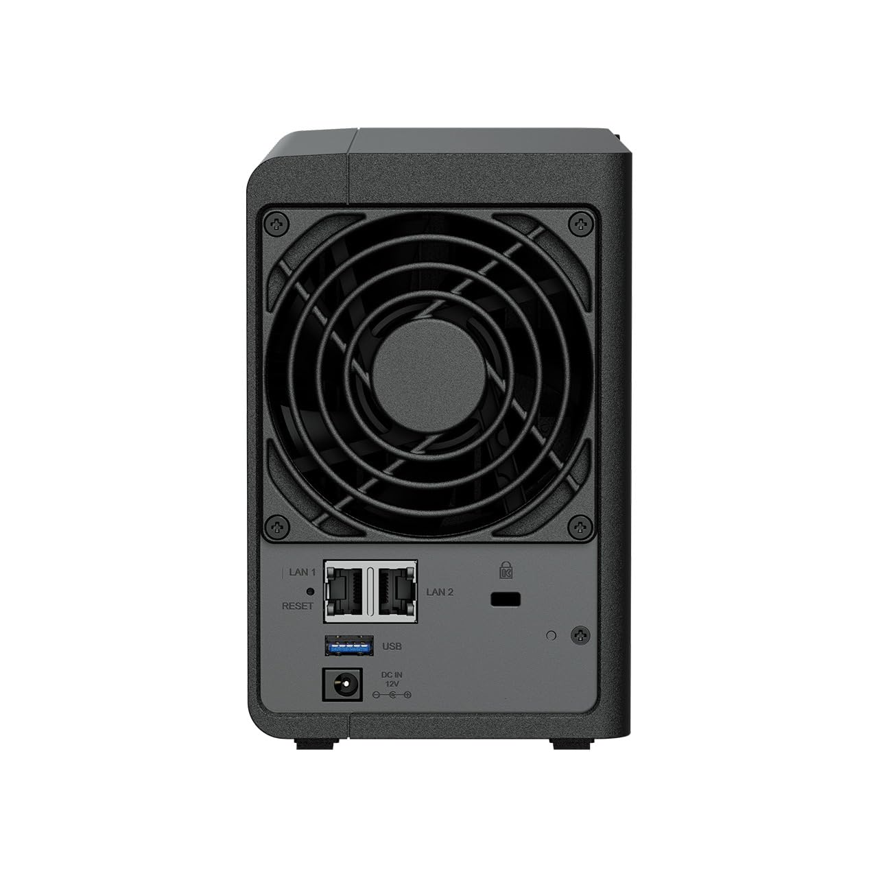 Panneau arrière d'un appareil NAS noir avec grand ventilateur, ports LAN, USB et alimentation.