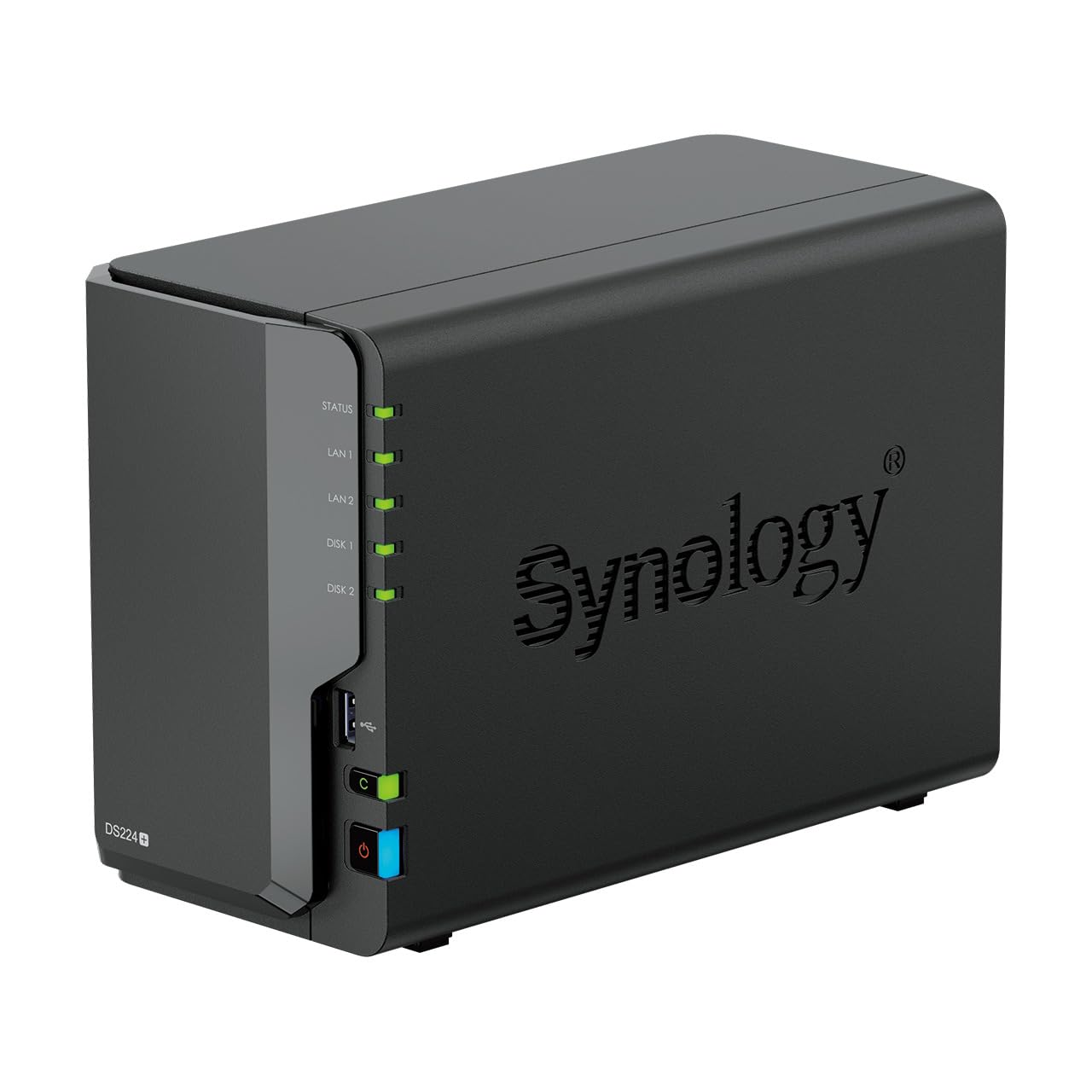 Un appareil NAS Synology DS224+ noir avec voyants d'état et bouton d'alimentation sur fond blanc.