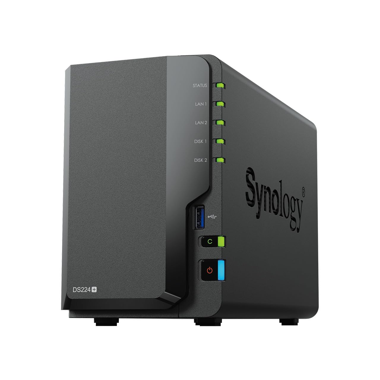 Un appareil NAS Synology DS224+ noir doté de LED d'état, d'un port USB et d'un bouton d'alimentation.