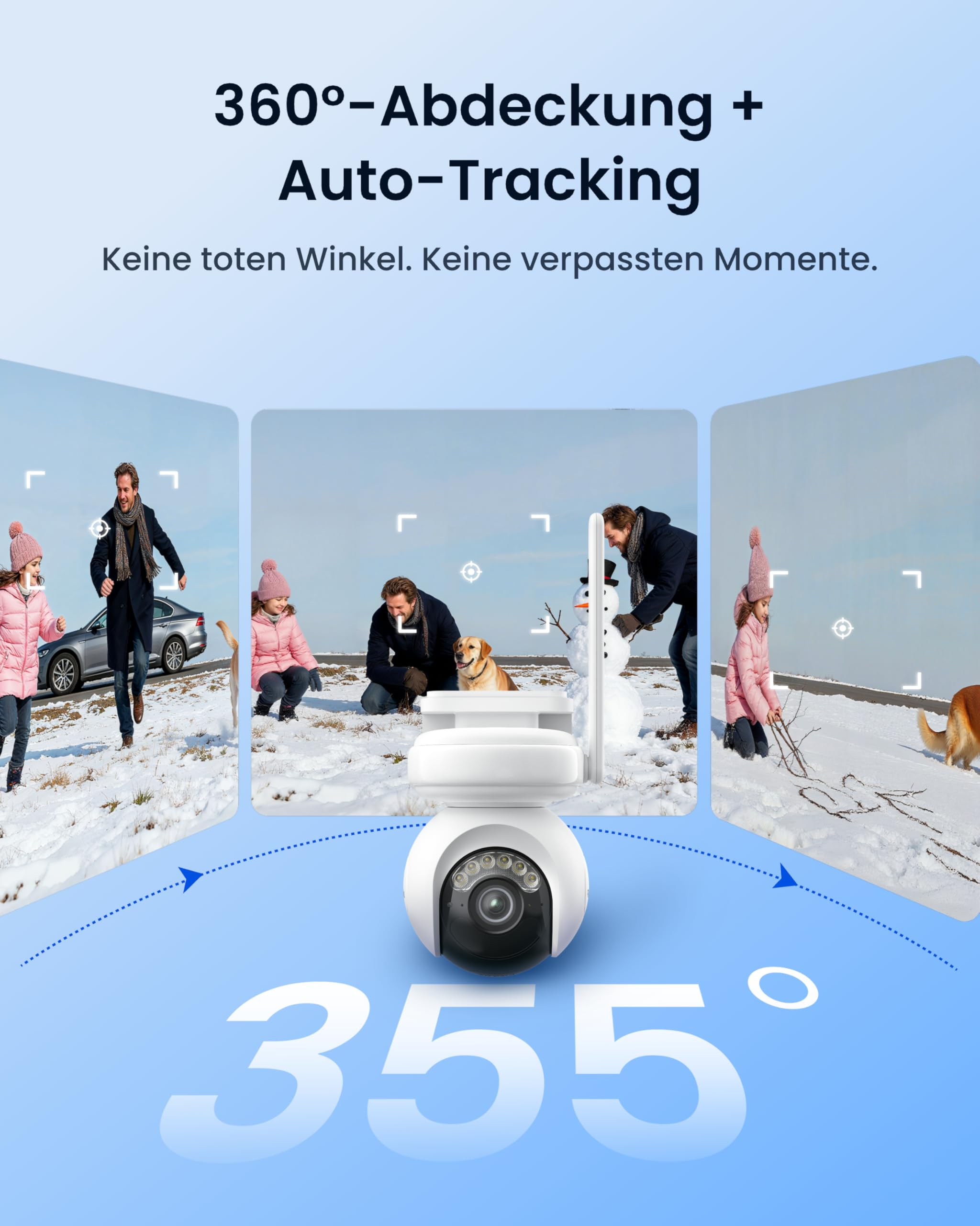 Telecamera di sicurezza a 360 gradi che mostra una famiglia nella neve.