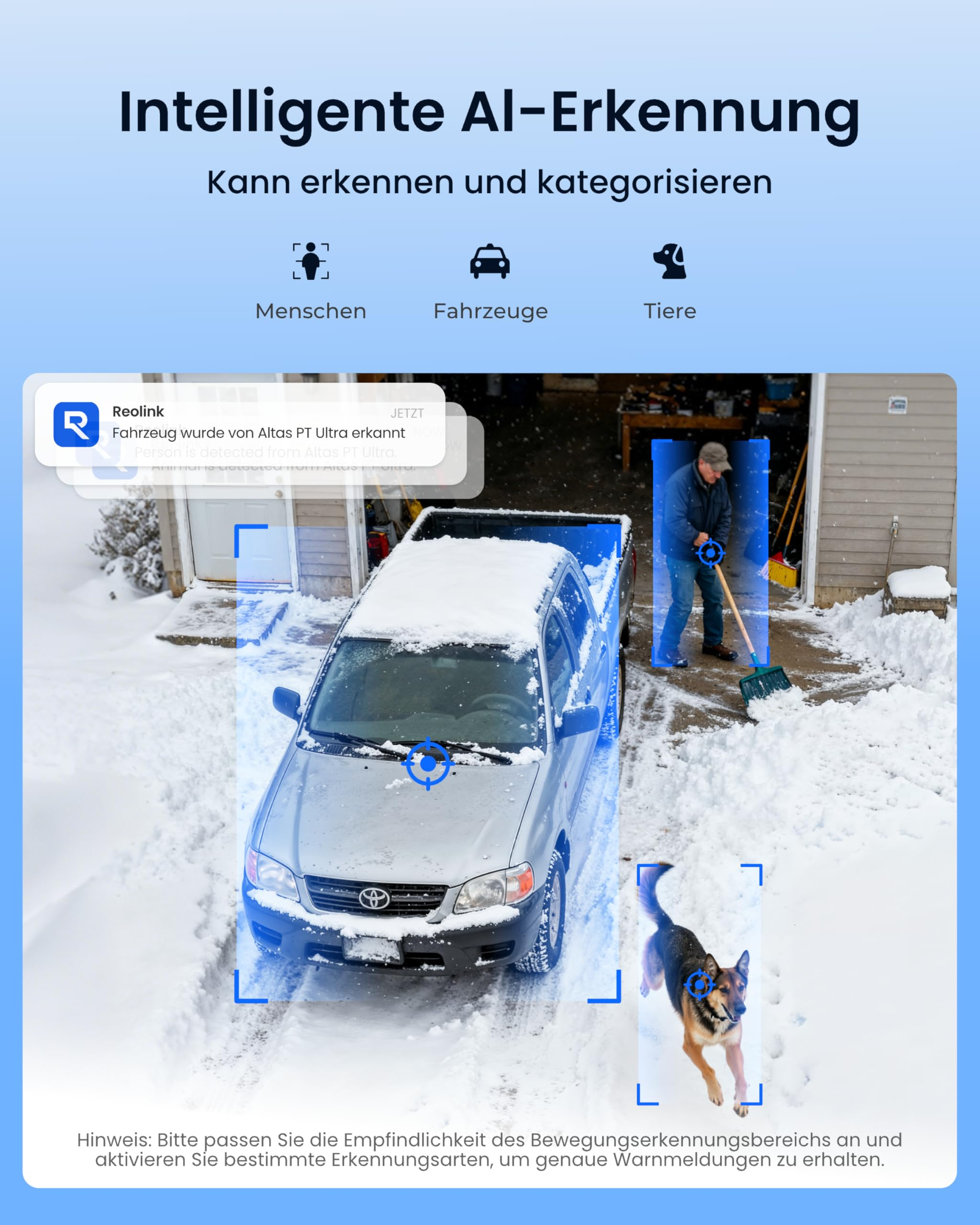 Grafica che mostra il rilevamento AI di persone, veicoli e animali nella neve.