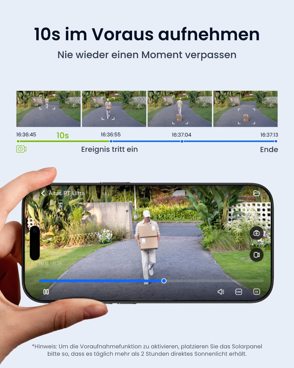 Una mano tiene uno smartphone che mostra il feed di una telecamera di sicurezza con un corriere.