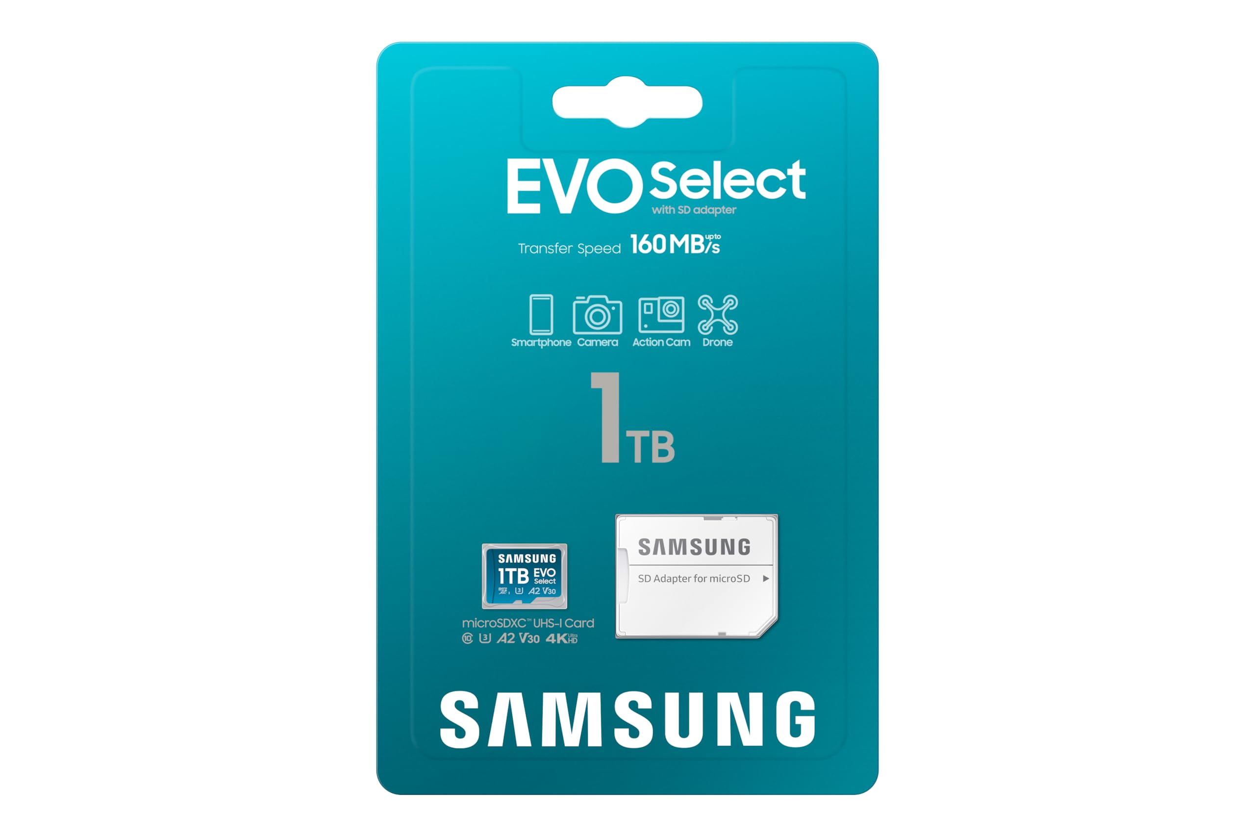 Blaue Verpackung einer Samsung EVO Select 1TB MicroSD-Karte mit SD-Adapter und technischen Daten.