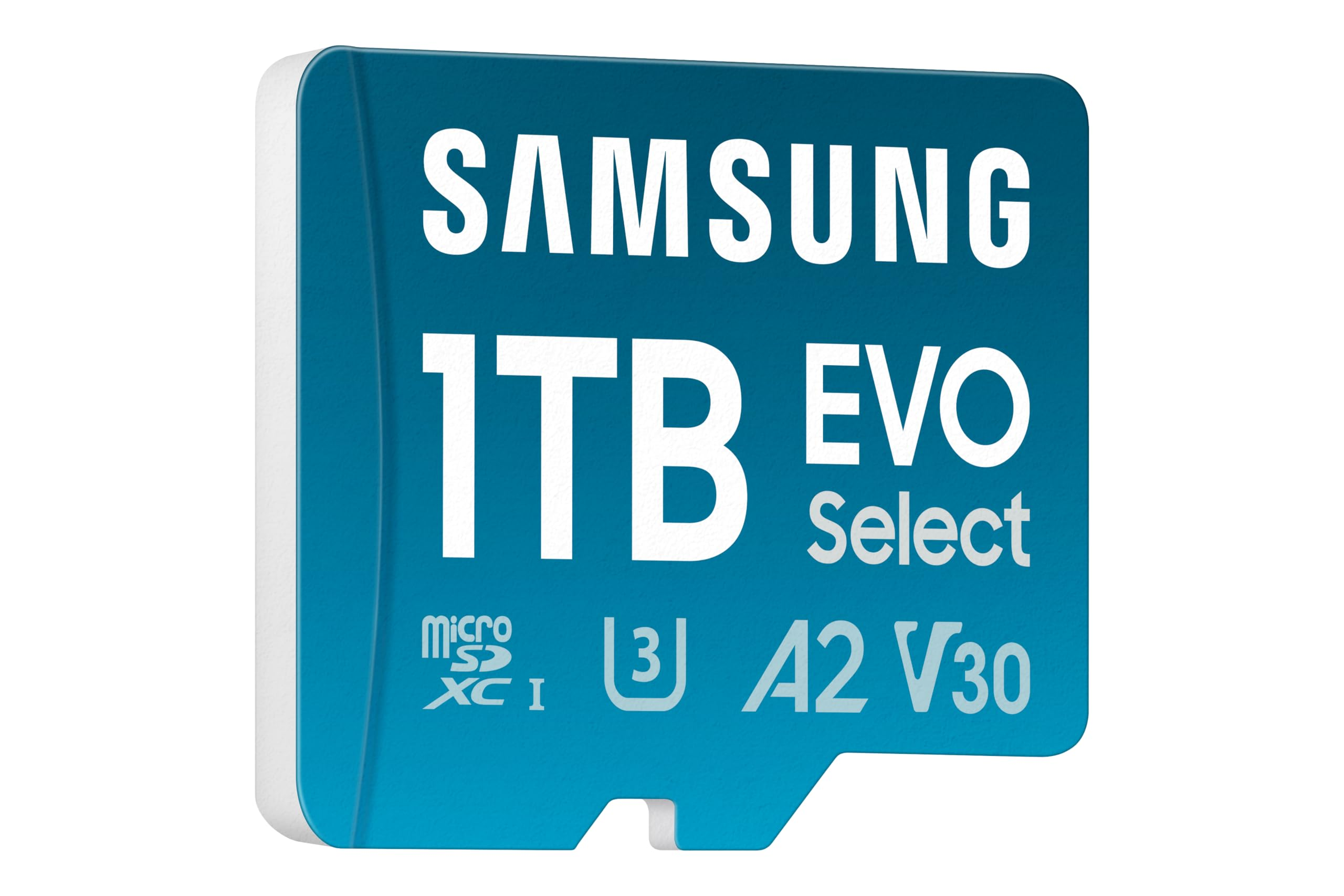 Blaue Samsung 1TB EVO Select microSDXC Speicherkarte mit weißen Logos und Texten.