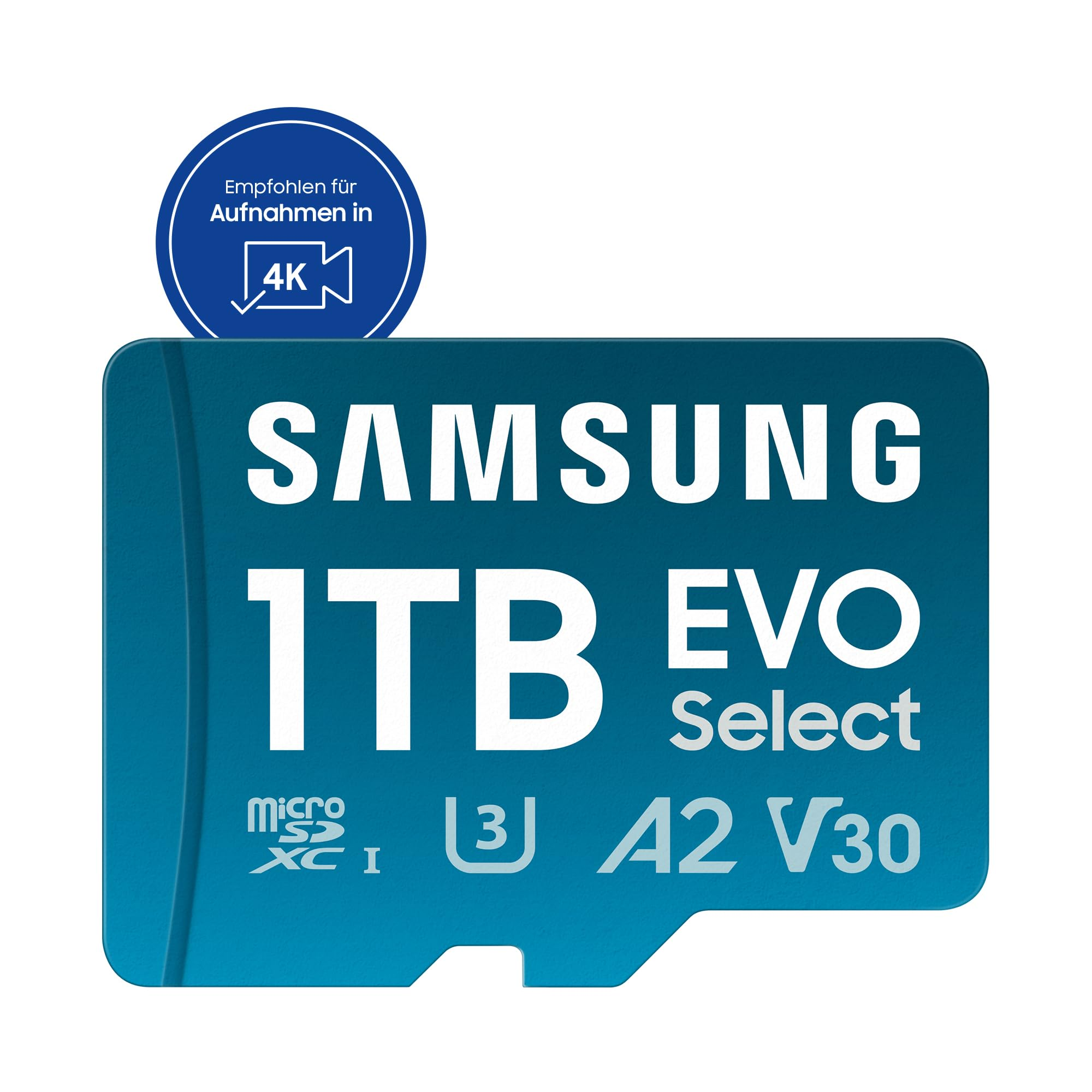 Blaue Samsung EVO Select 1TB MicroSD-Karte mit 4K-Empfehlung.