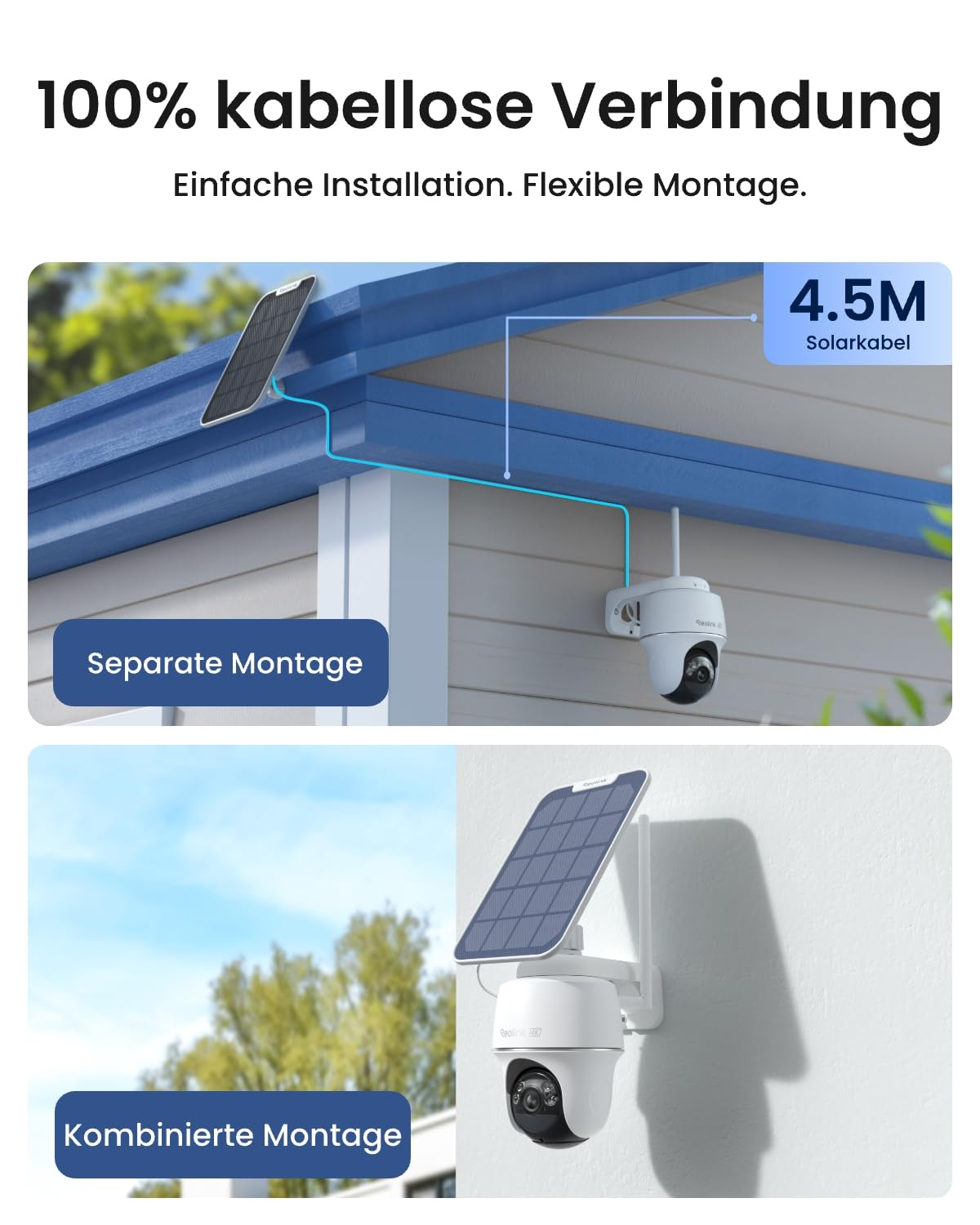 Telecamera di sicurezza con pannello solare, che mostra opzioni di montaggio separate e combinate.